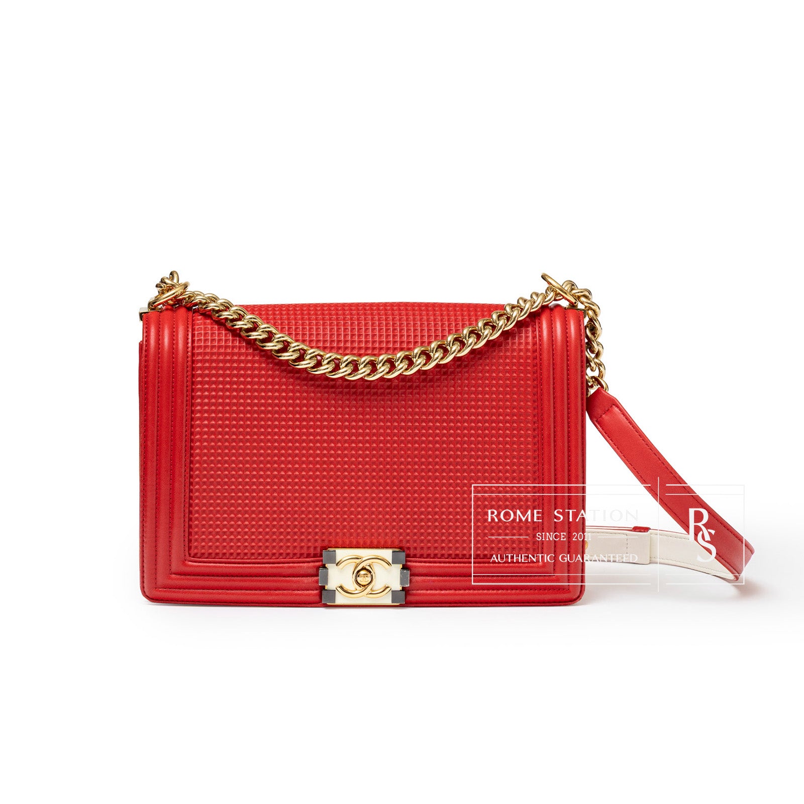 Chanel Leboy Flap Bag Coco Mark Waffle Bag Red White and Gold Hardware - Front