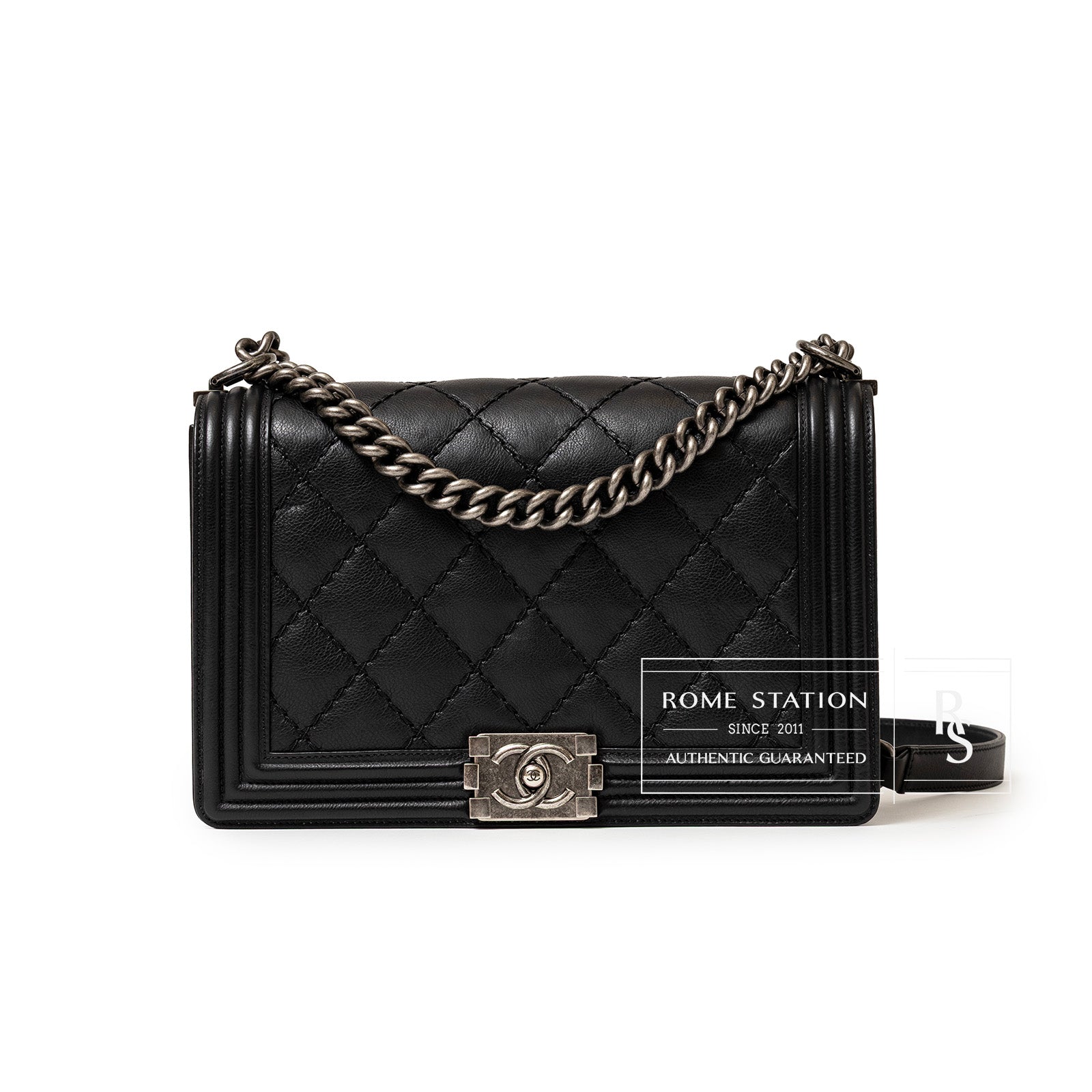 Front view of Chanel Leboy Double Stitch Flap Black Palladium Hardware with chain and signature clasp detail