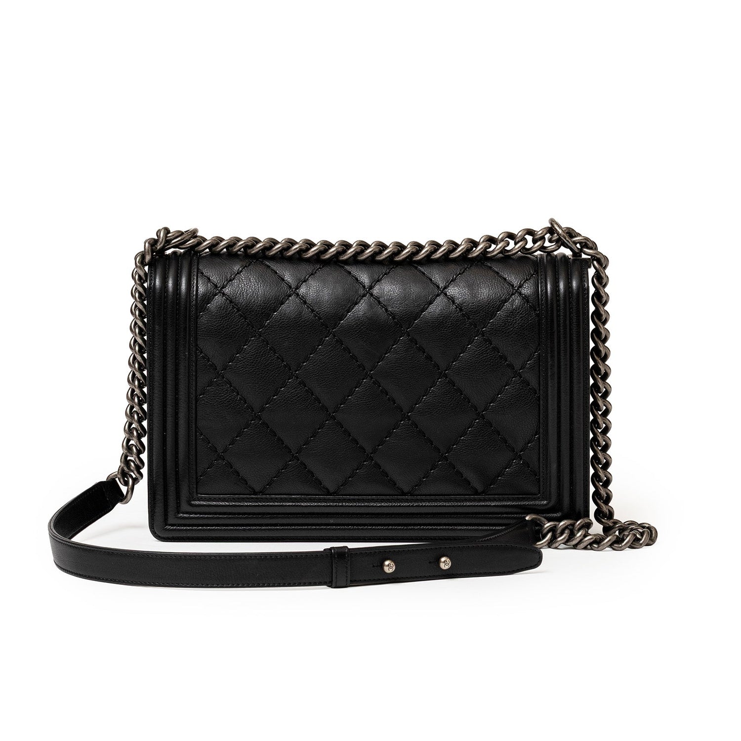 Front view of Chanel Leboy Double Stitch Flap Black Palladium Hardware showing quilted leather texture and chain strap