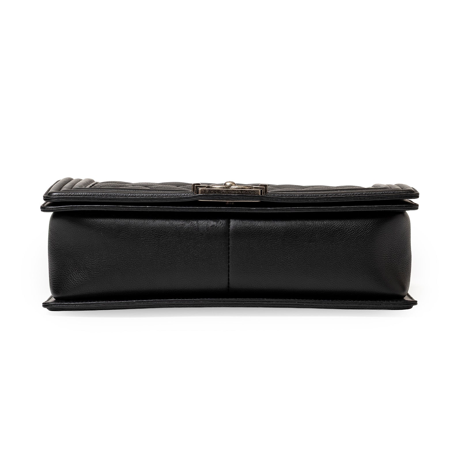 Bottom side view of Chanel Leboy Double Stitch Flap Black Palladium Hardware showing soft leather base details
