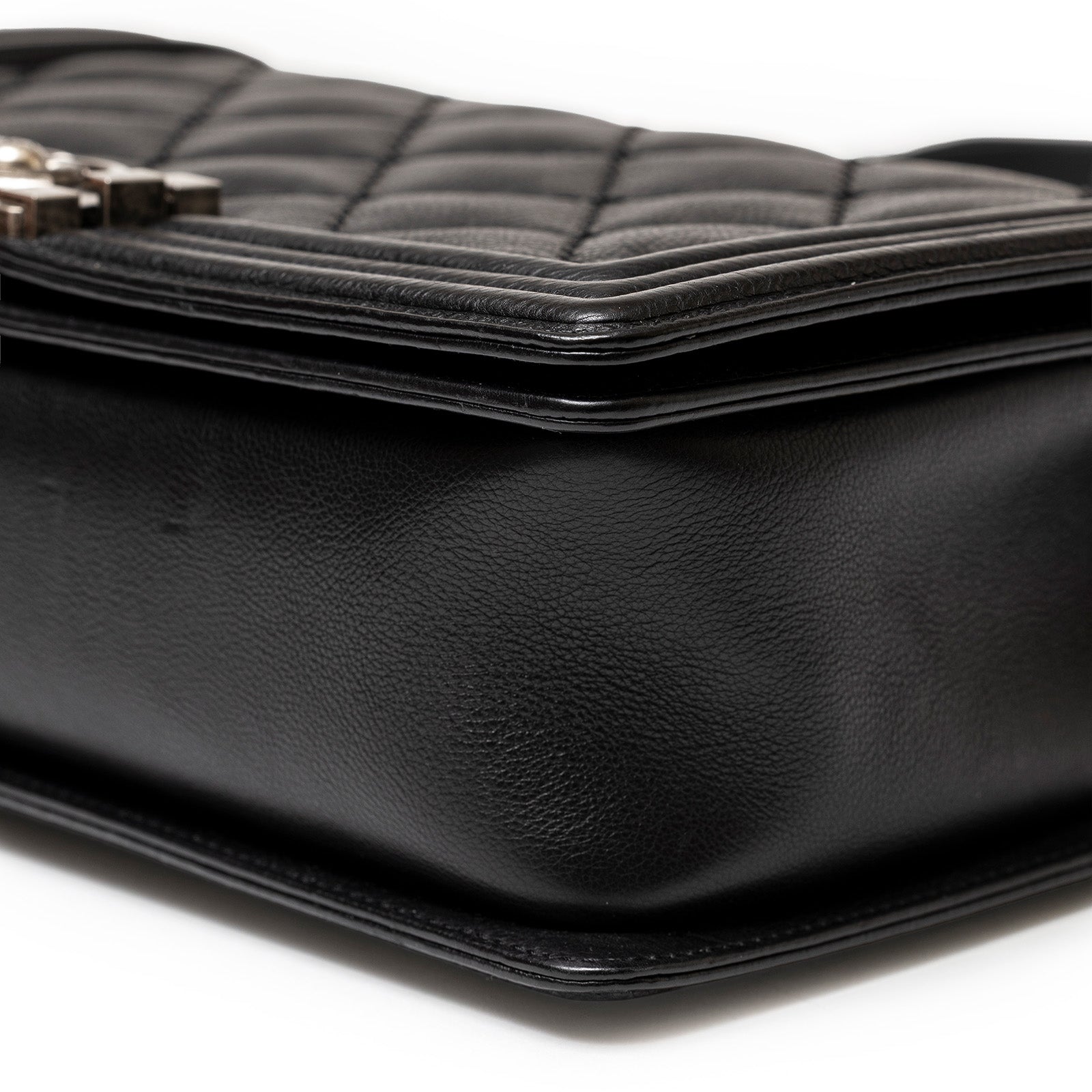 Close-up angled shot of corner detail on Chanel Leboy Double Stitch Flap Black Palladium Hardware bag showing leather texture and stitching