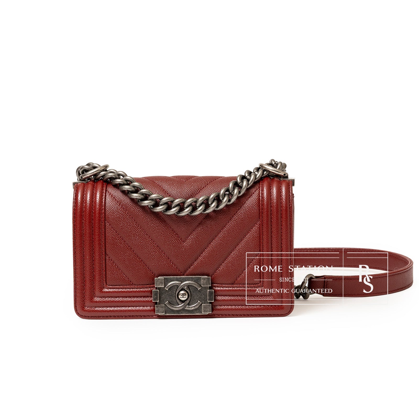 Front view of Chanel Small Boy Flap Bag Chevron Burgundy Caviar Palladium Hardware with chain strap detail