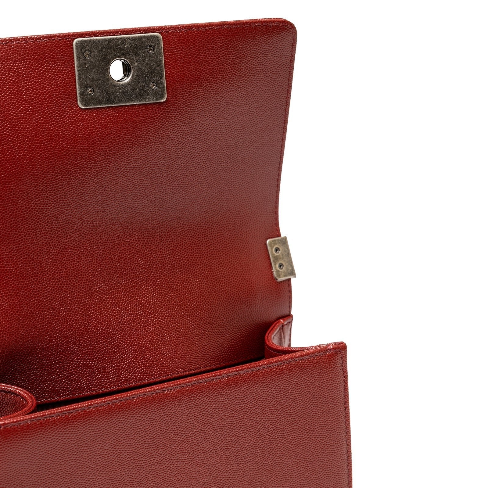 Interior close-up of Chanel Small Boy Flap Bag Chevron Burgundy Caviar Palladium Hardware showing open flap and lining details