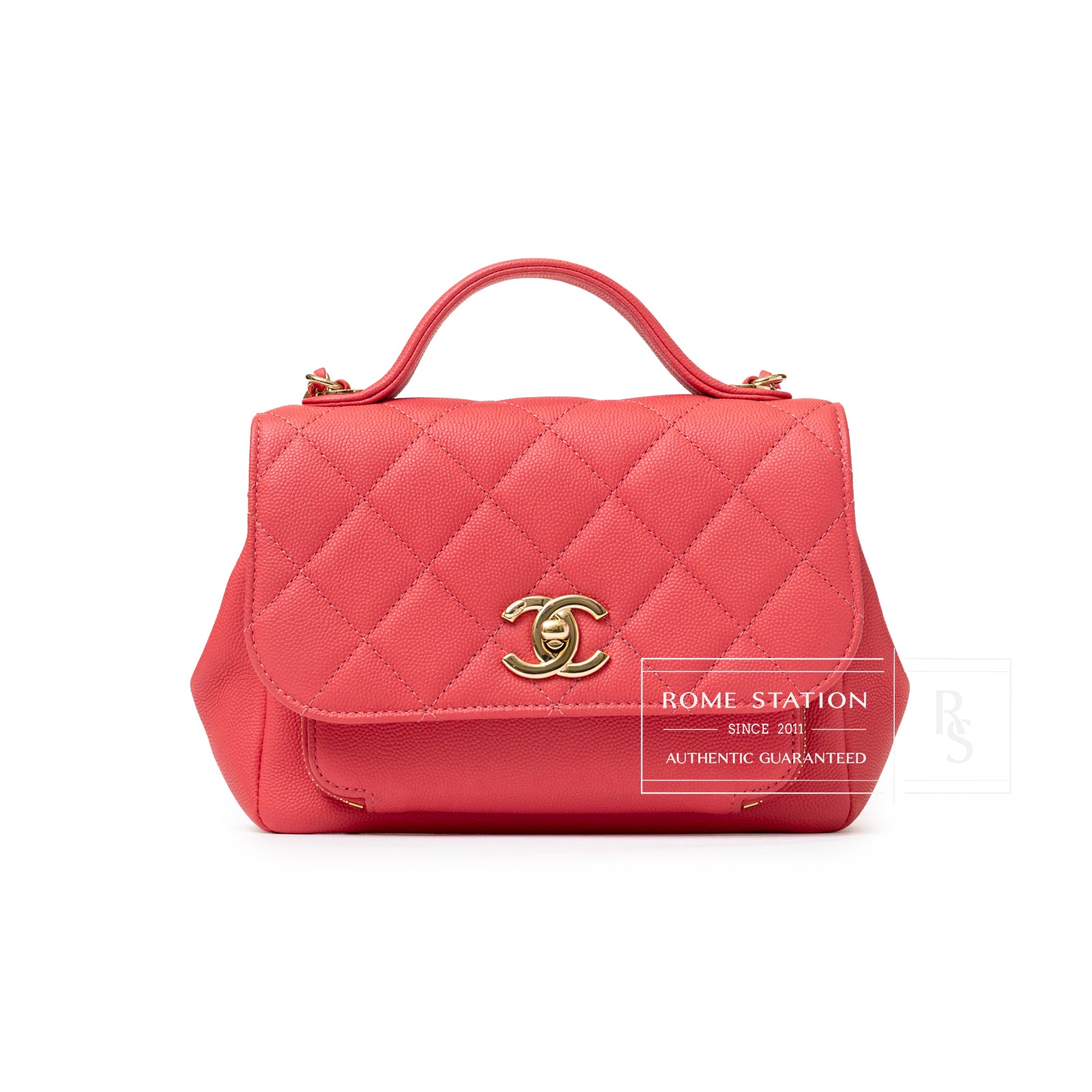 Chanel Business Affinity Small Flap Bag Pink Caviar Light Gold Hardware with quilted texture and elegant gold logo clasp on white background