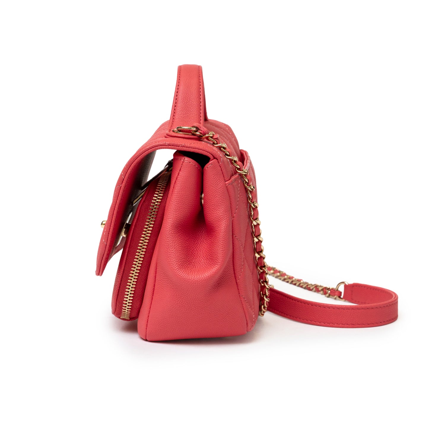 Side view of Chanel Business Affinity Small Flap Bag Pink Caviar Light Gold Hardware showing textured leather and chain strap details