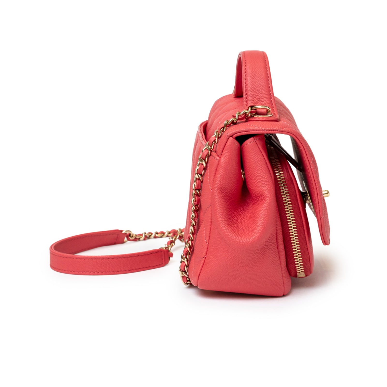 Chanel Business Affinity Small Flap Bag Pink Caviar Light Gold Hardware side view with chain strap and textured leather details