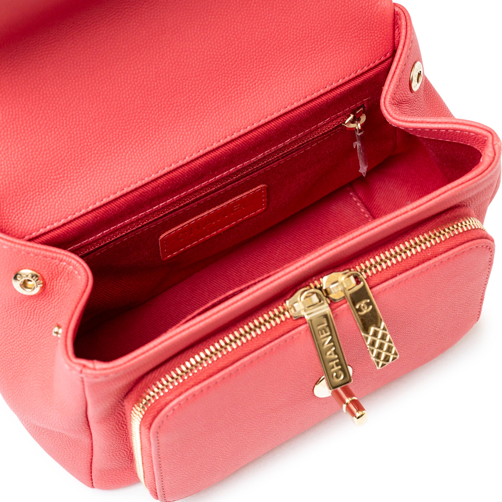 Chanel Business Affinity Small Flap Bag Pink Caviar Light Gold Hardware showing open interior and gold zipper details
