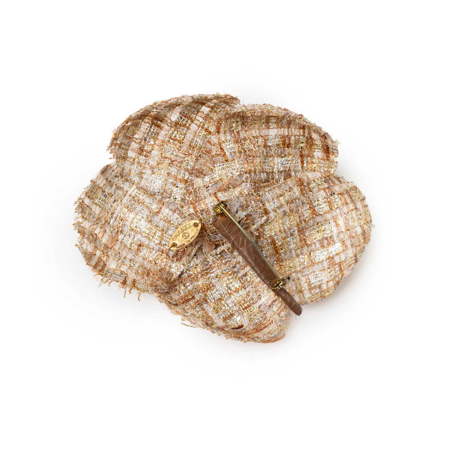Back view of Chanel Camellia Gold Beige Tweed Brooch showing gold clasp and textured fabric petals