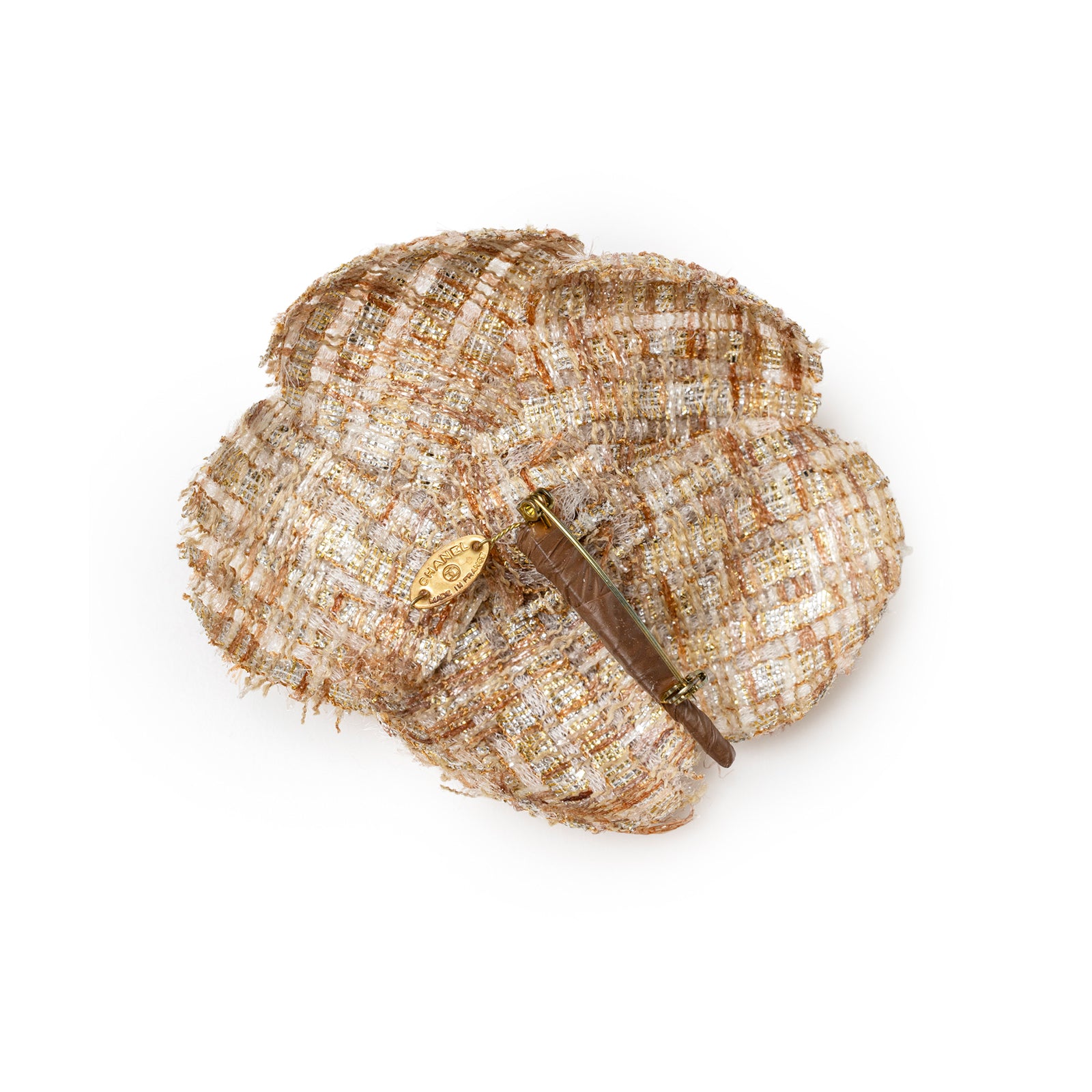 Back view of Chanel Camellia Gold Beige Tweed Brooch showing gold clasp and textured fabric petals