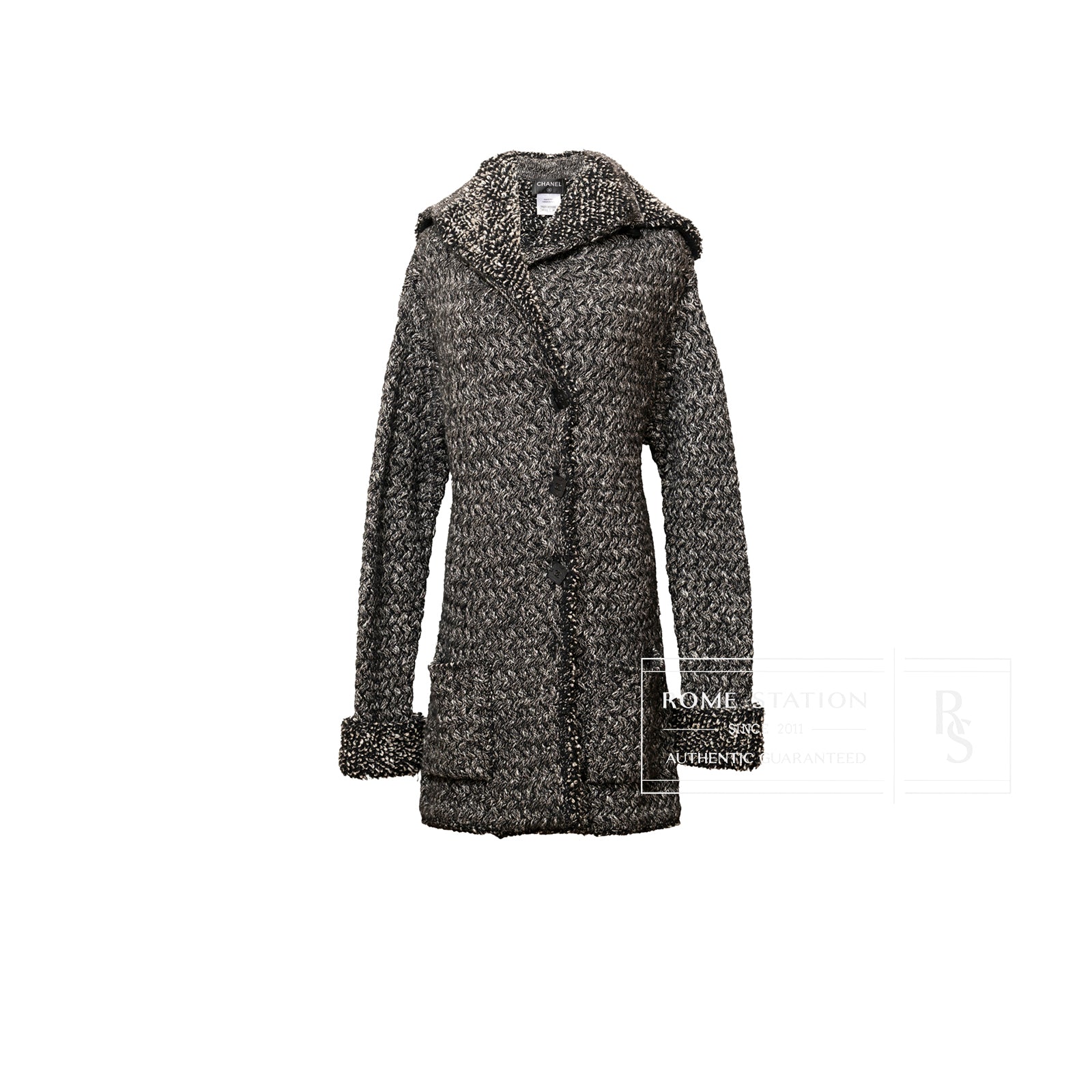 Front view of Chanel Cardigan Long Black/White showing textured knit and long sleeves with cuff detail