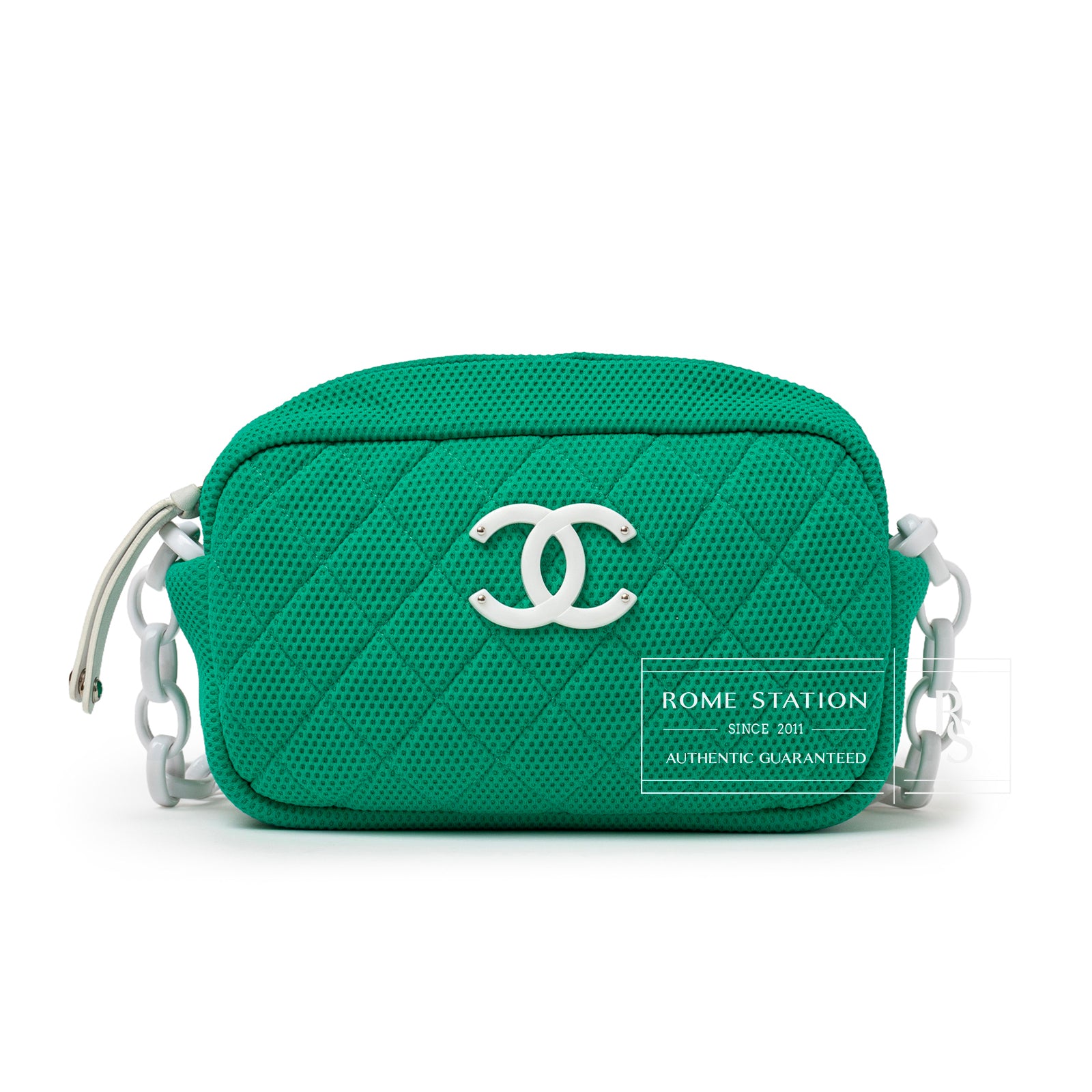 Front view of Chanel CC Sport Jersey Bag Green White Chain with quilted texture and silver logo clasp