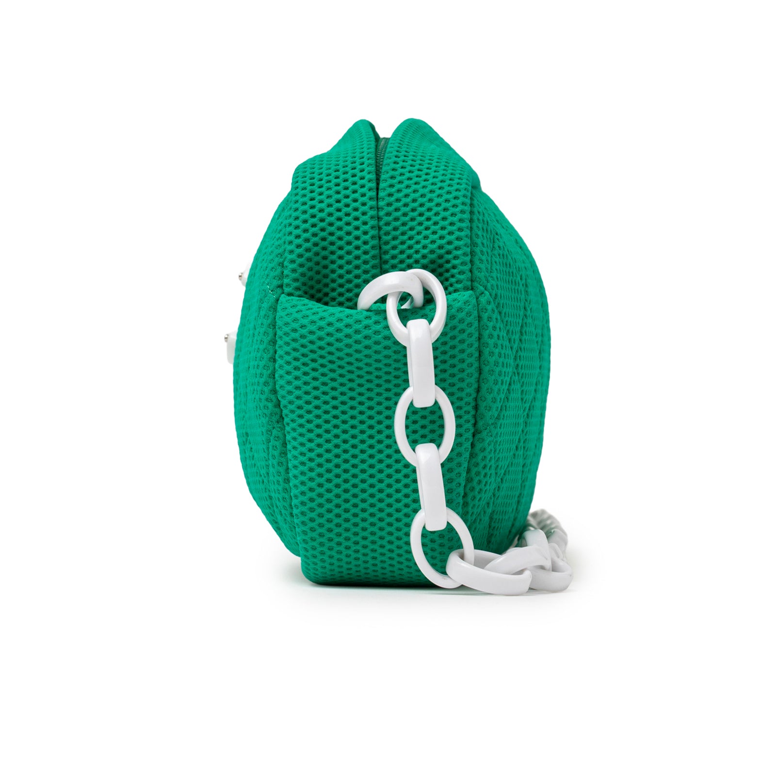 Side view of Chanel CC Sport Jersey Bag Green White Chain showing textured fabric and chain detail