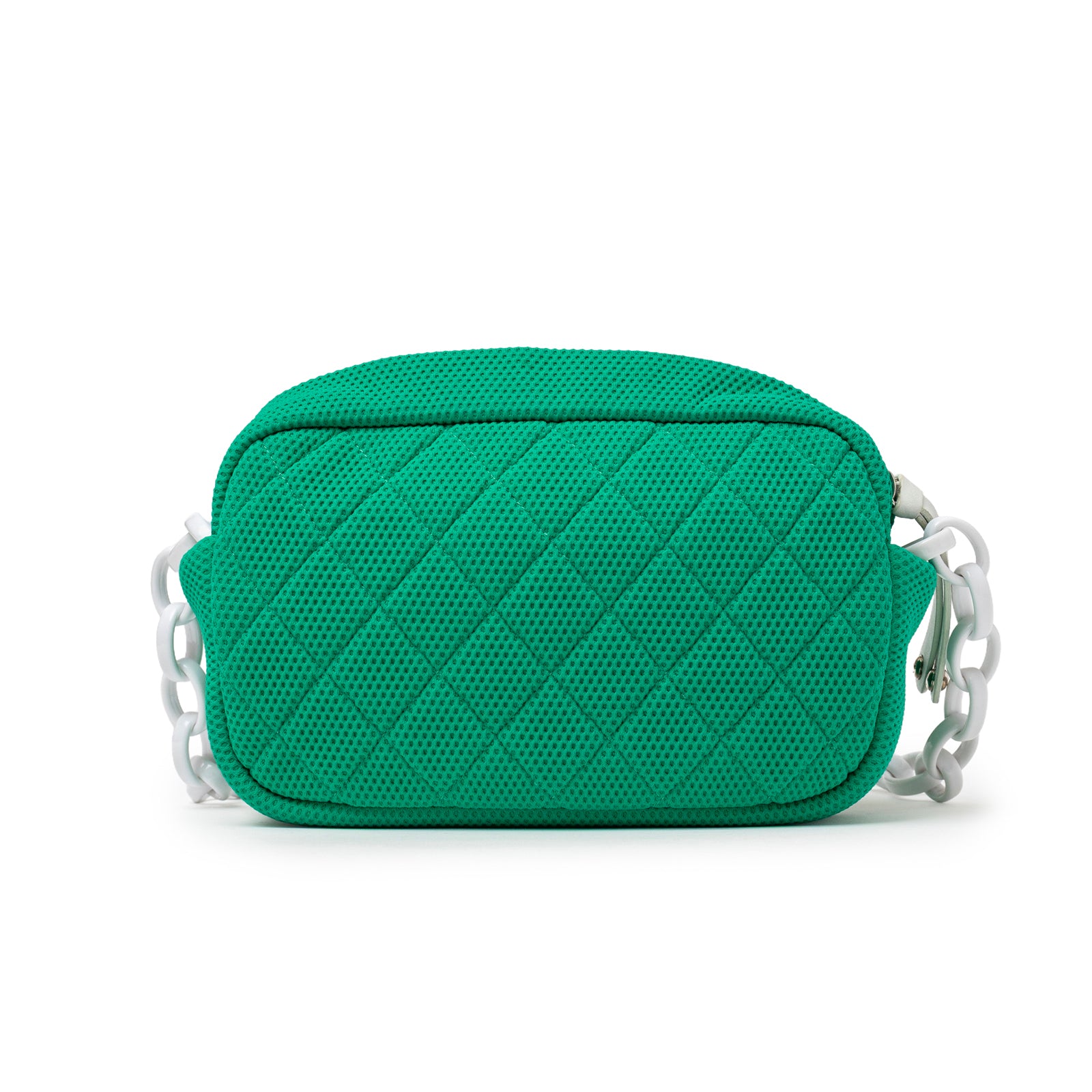 Angled back view of Chanel CC Sport Jersey Bag Green White Chain with quilted textured fabric exterior