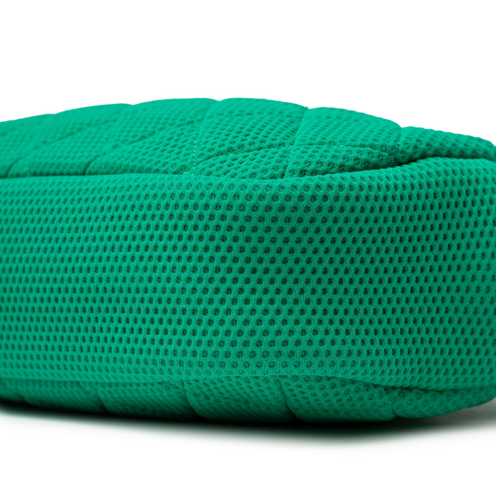 Close-up angled view of green textured fabric bottom of Chanel CC Sport Jersey Bag Green White Chain