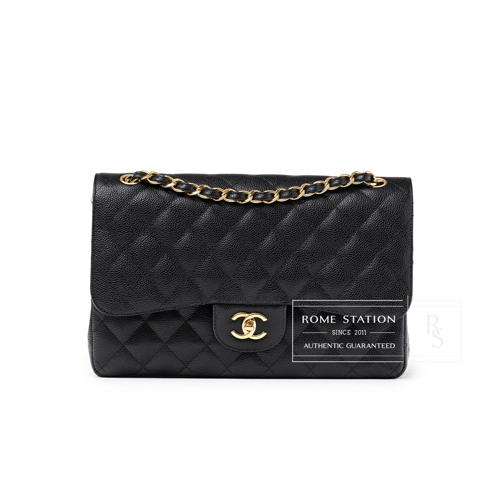 Front view of Chanel Classic Flap Jumbo Caviar Black Gold Hardware with quilted leather and chain strap