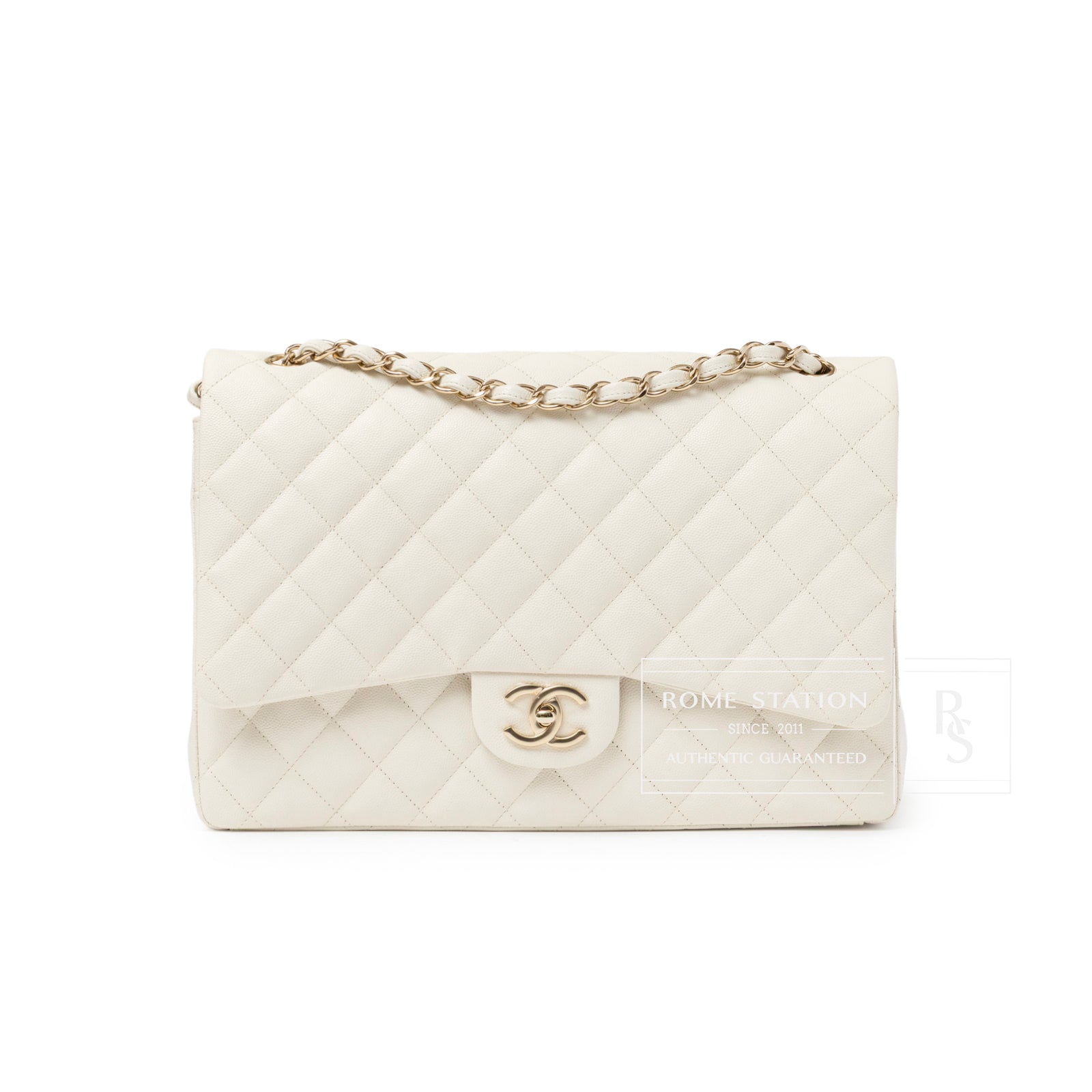 Front view of Chanel Classic Flap Maxi Caviar White Gold Hardware with quilted leather and chain strap detail