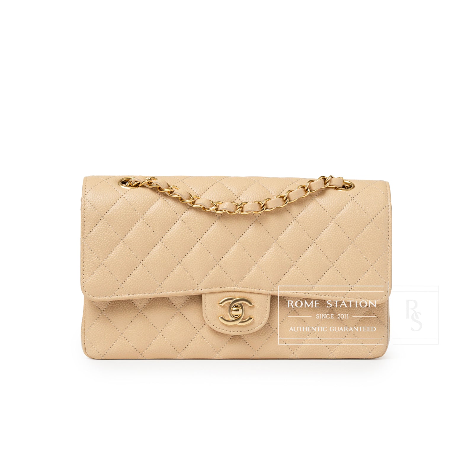 Front view of Chanel Classic Flap Medium Caviar Beige Gold Hardware with quilted leather and gold chain strap