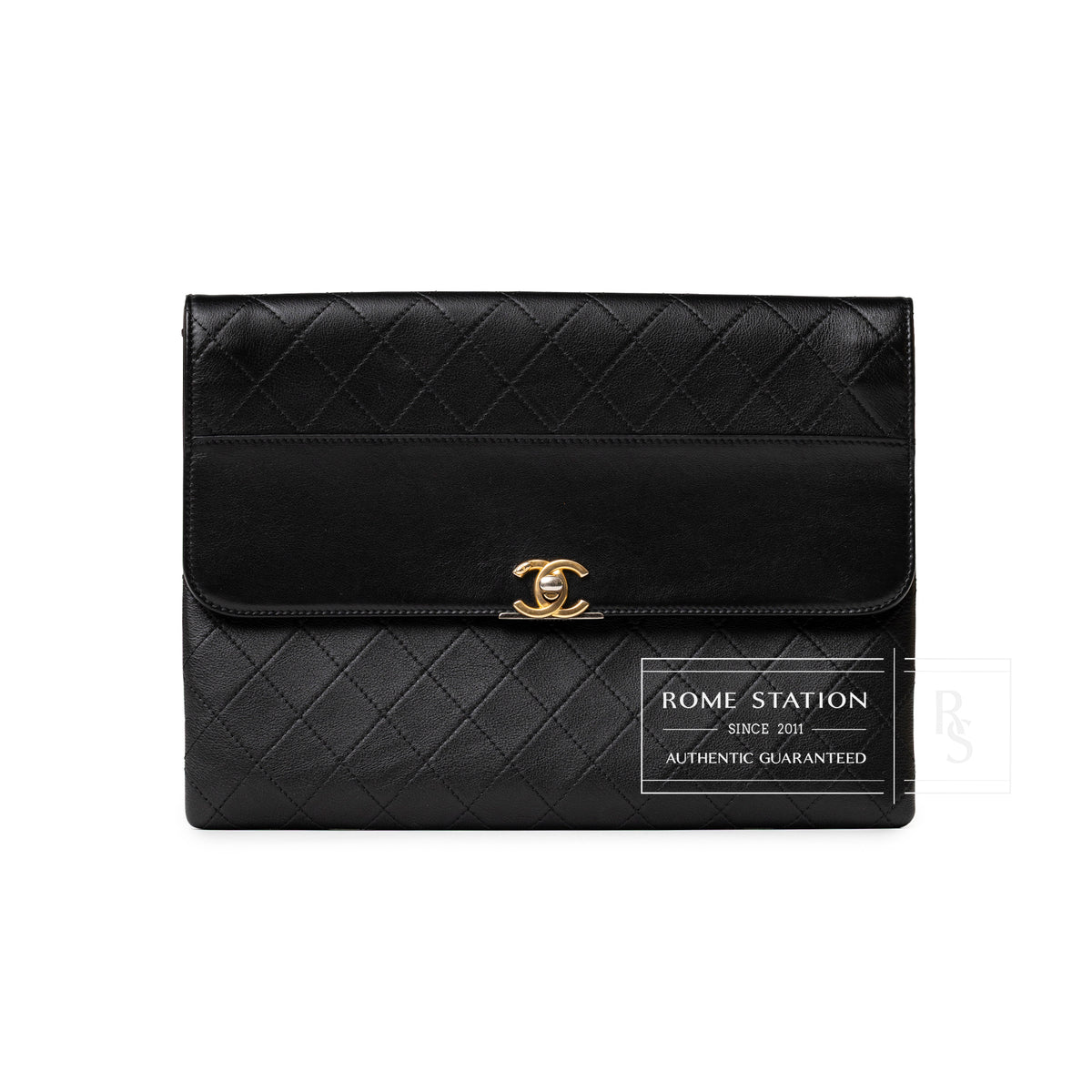 Chanel Clutch Black Quilted Lambskin Gold and Palladium Hardware front view with CC clasp