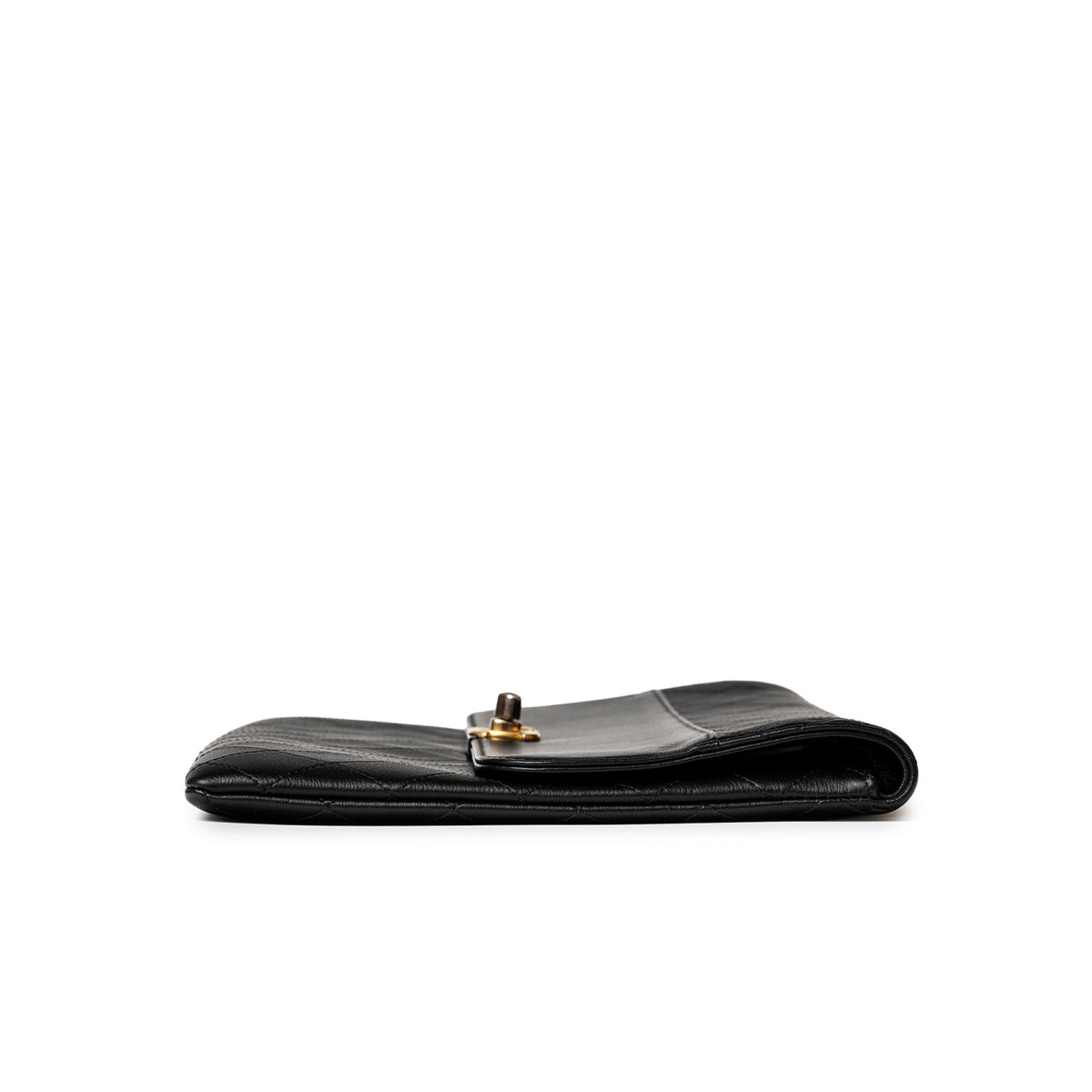 Chanel Clutch Black Quilted Lambskin Gold and Palladium Hardware side profile with clasp
