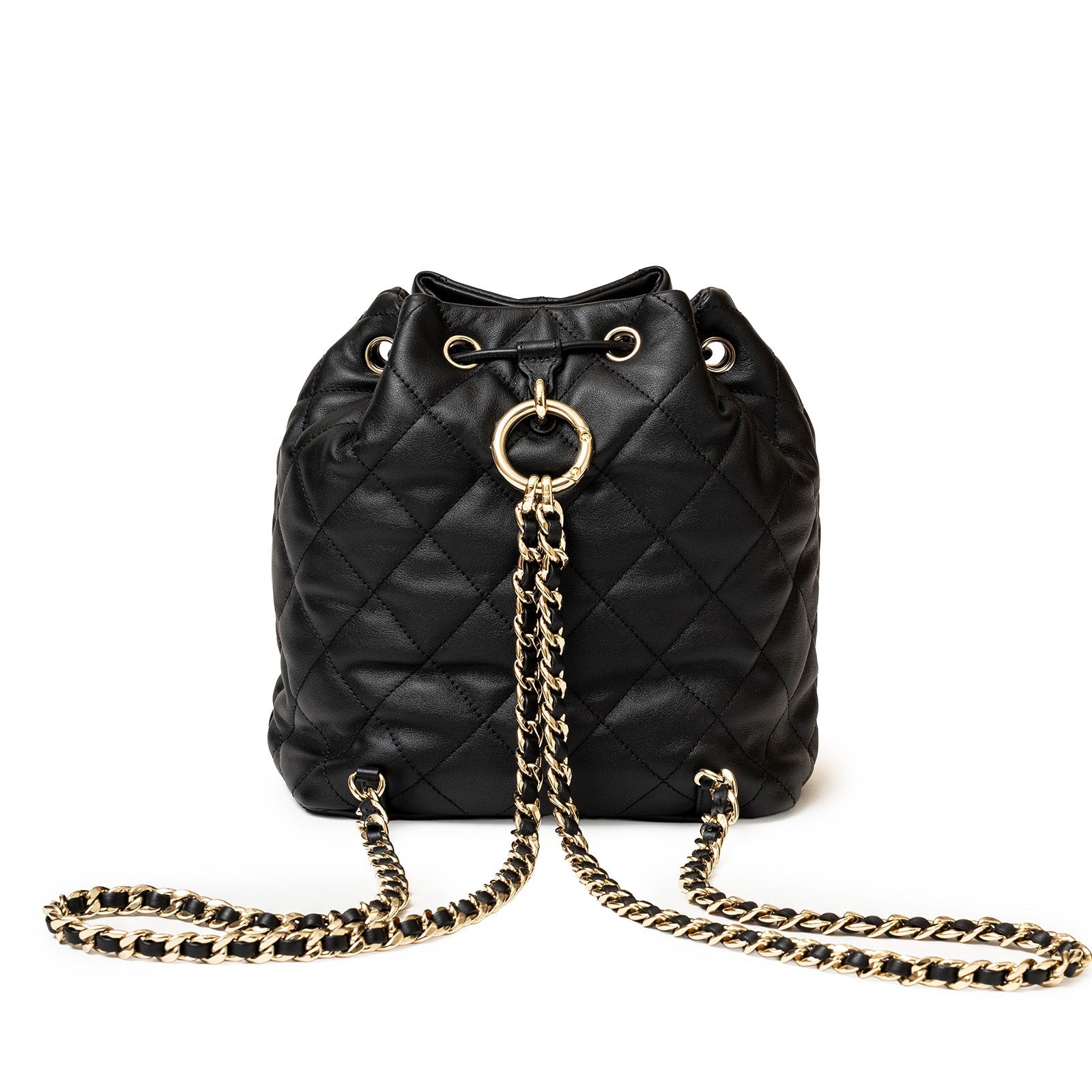 Front view of Chanel Coco Mellow Backpack Calf Black Permabrass Hardware 23B with quilted leather and chain straps