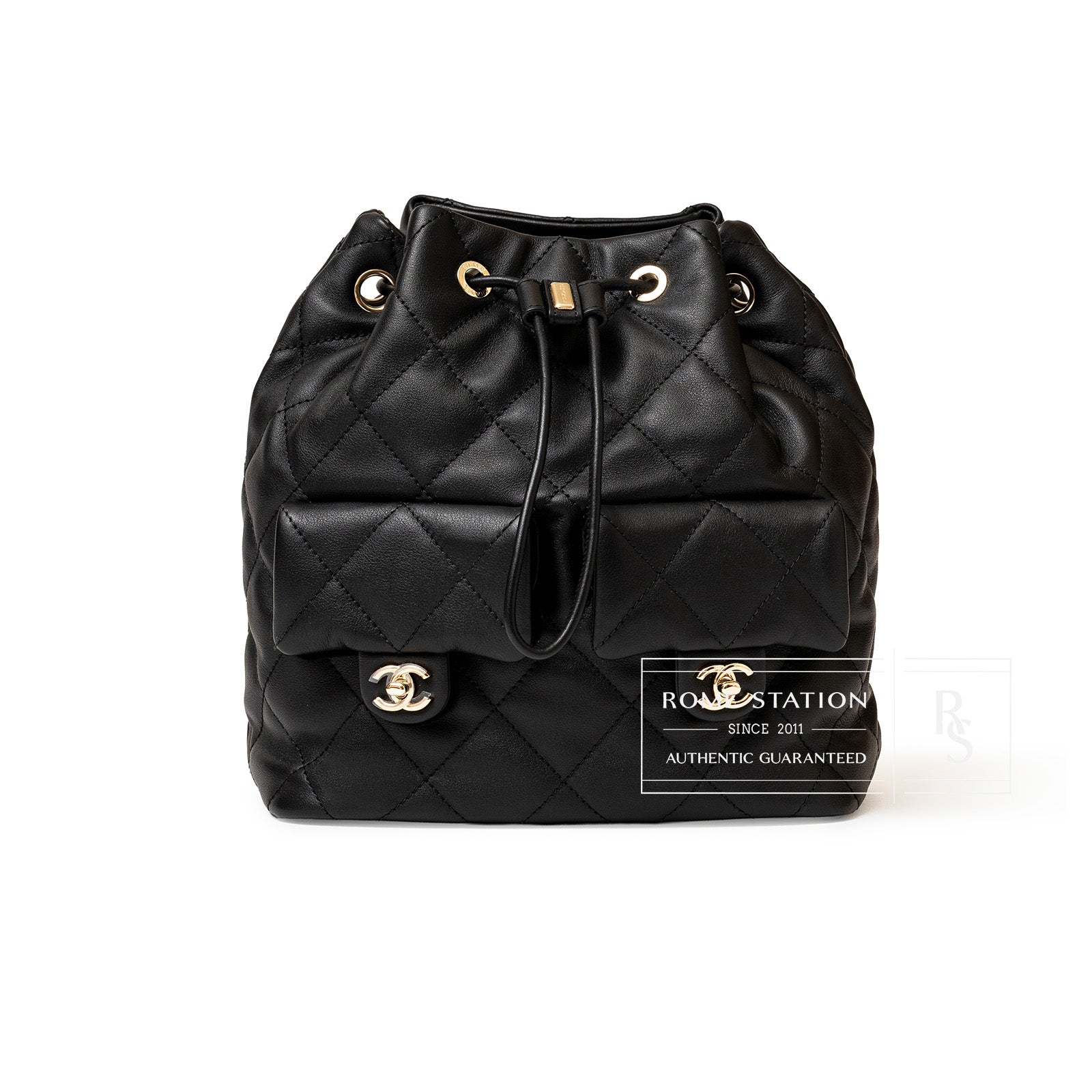 Black quilted leather Coco Mellow Backpack with drawstring closure and Calf Leather