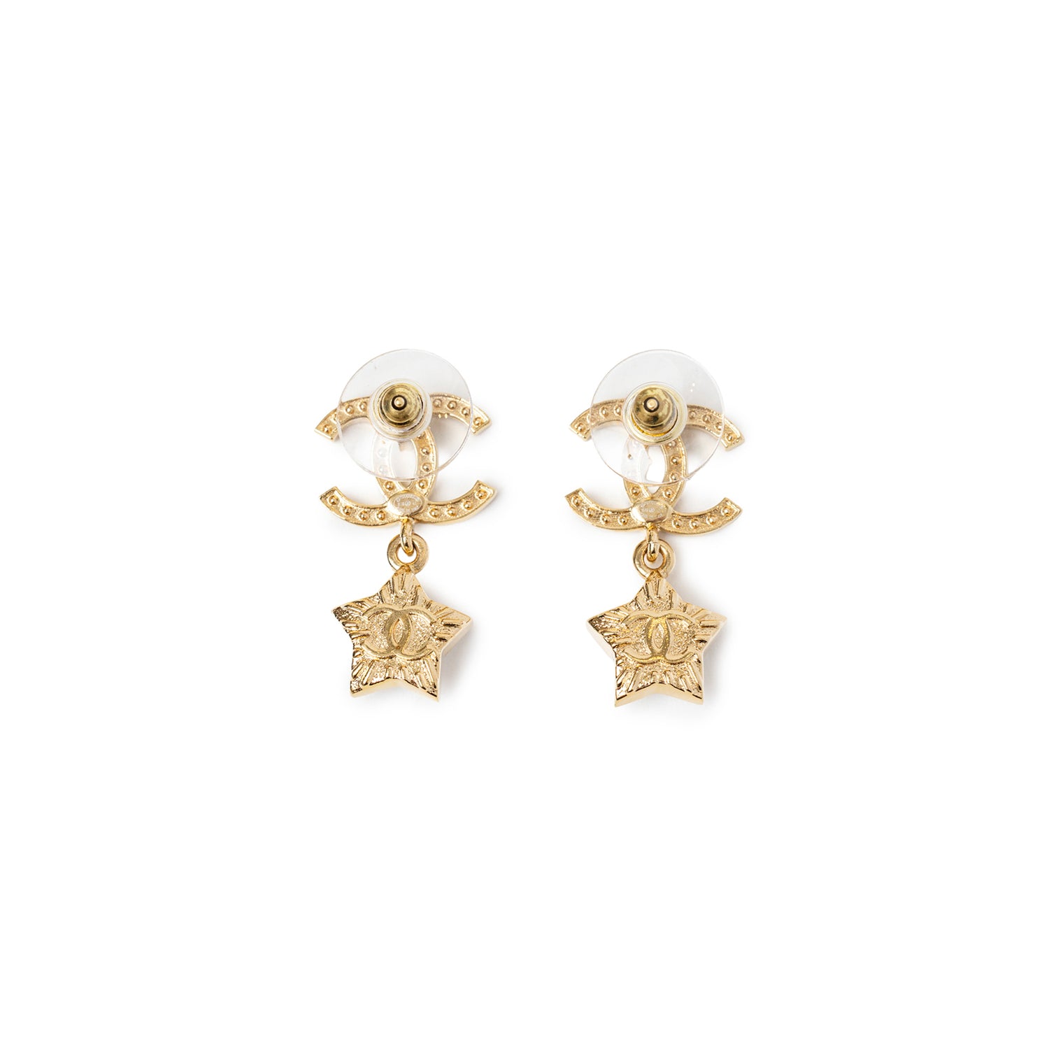 Back view of Chanel Crystal and Pearl CC Star Dangle Earrings Gold Hardware showing gold star charms and pearl backing details.