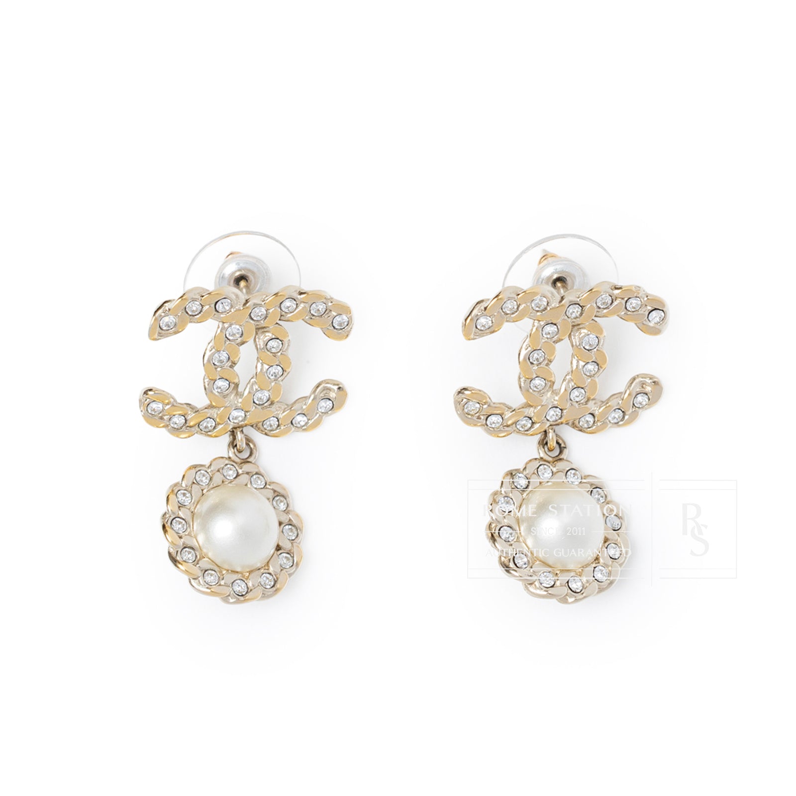 Front view of Chanel Crystal Pearl/Light Gold CC Drop Earring with crystal-studded logo and pearl detail