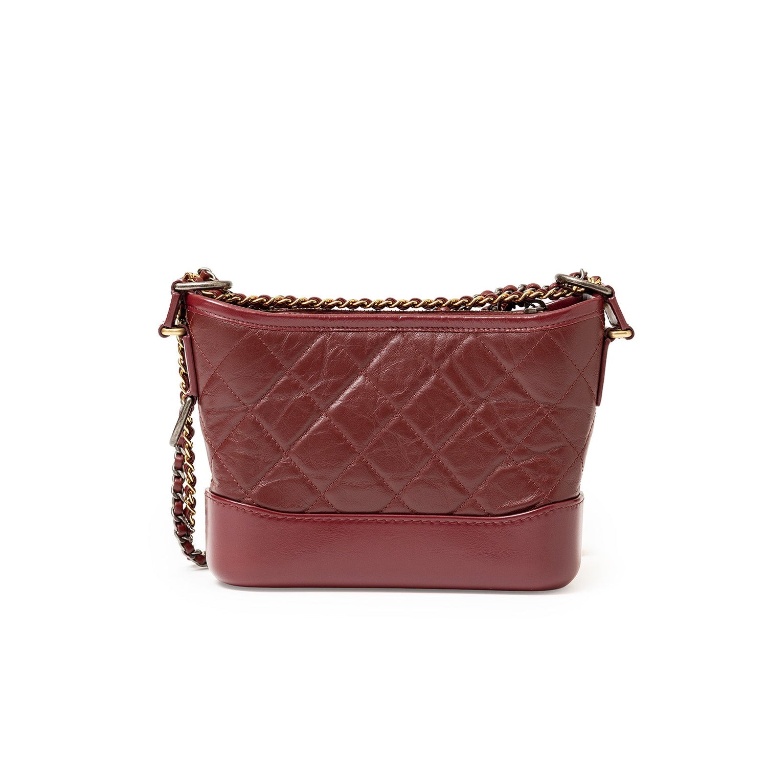 Rear angled view of Chanel Gabrielle Hobo Bag Burgurdy Palladium and Gold Hardware showing quilted leather and chain strap details