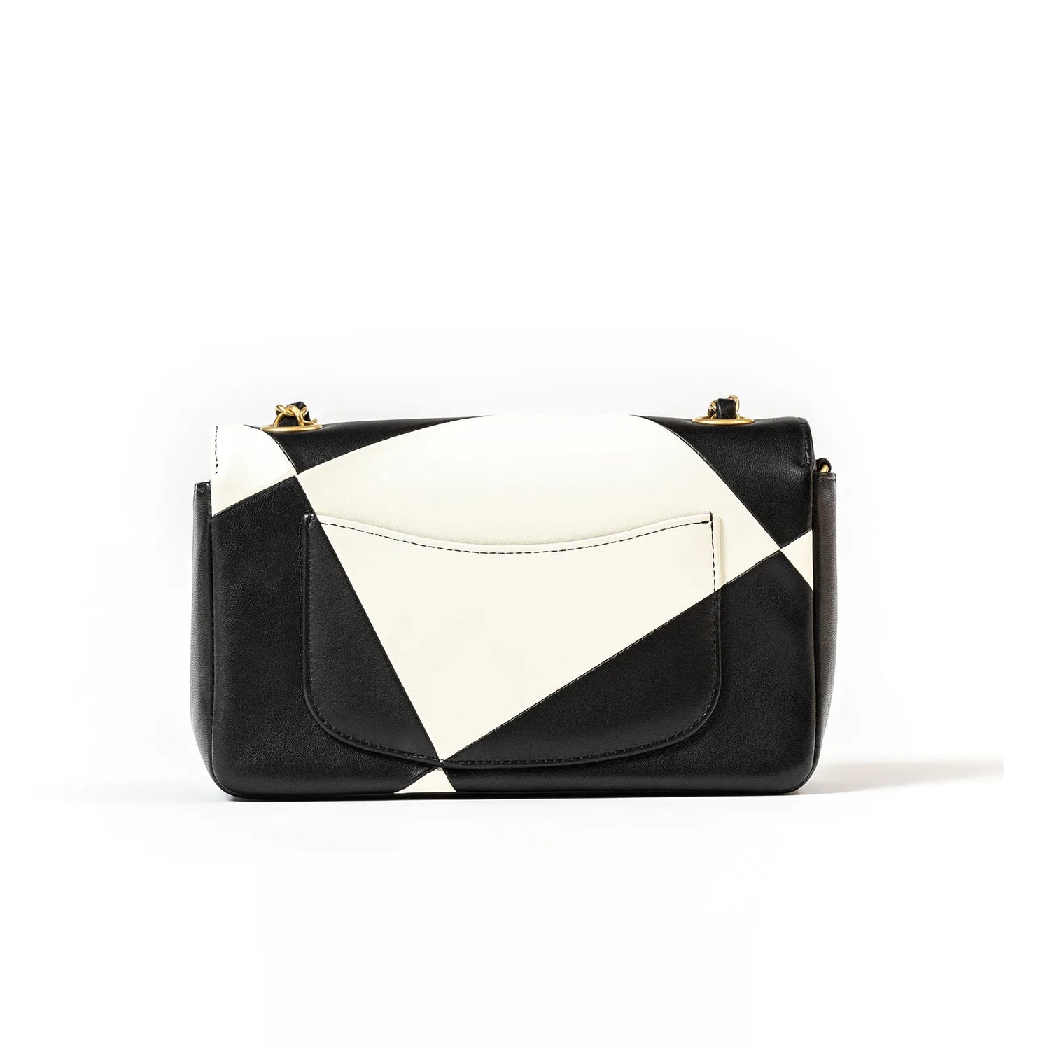 Back view of Chanel Geometric Patchwork Mini Flapbag Gold Hardware featuring black and white leather design with external pocket detail
