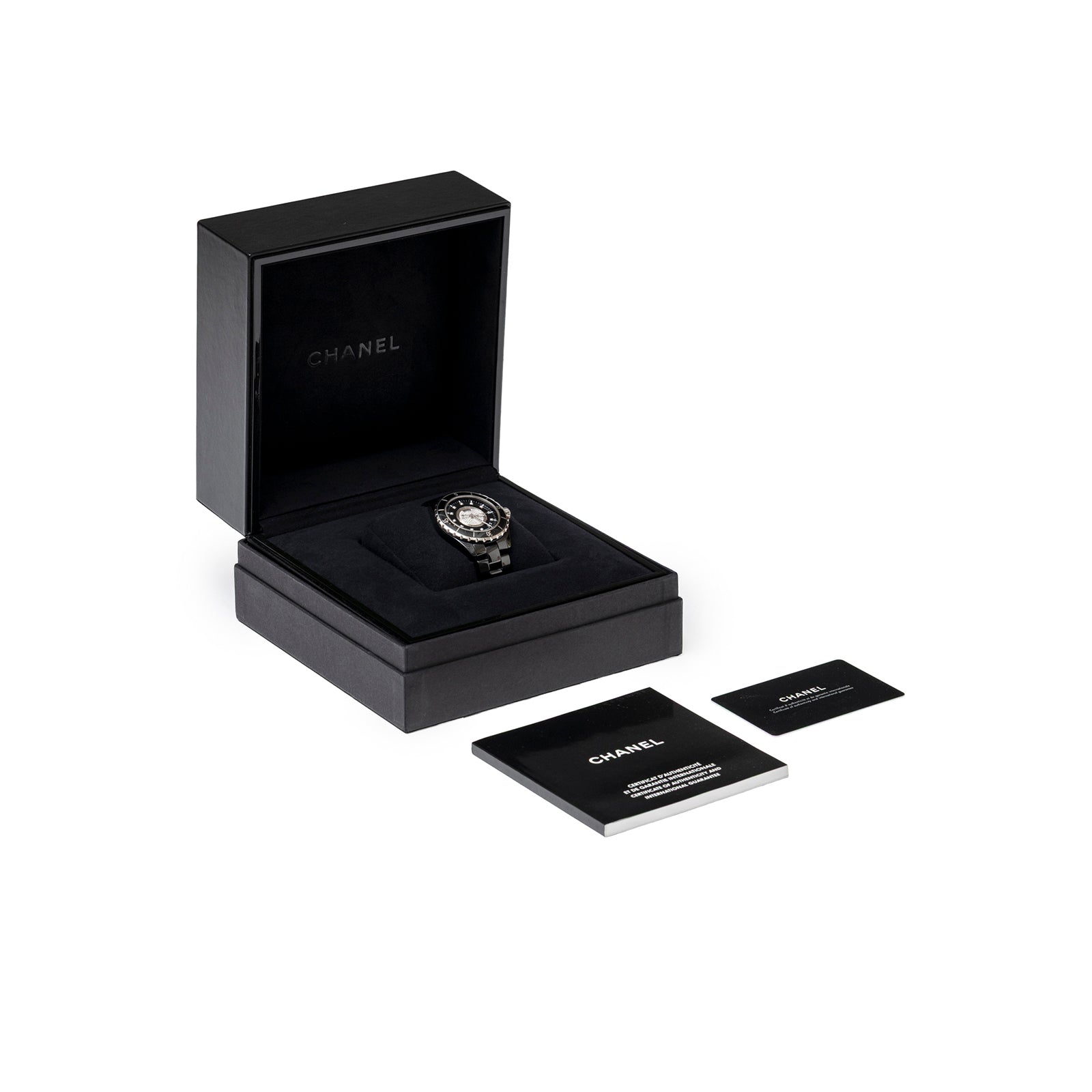 Chanel J12 38mm Ceramic Black Pave Diamond Quartz Watch inside black box with warranty and manual cards visible