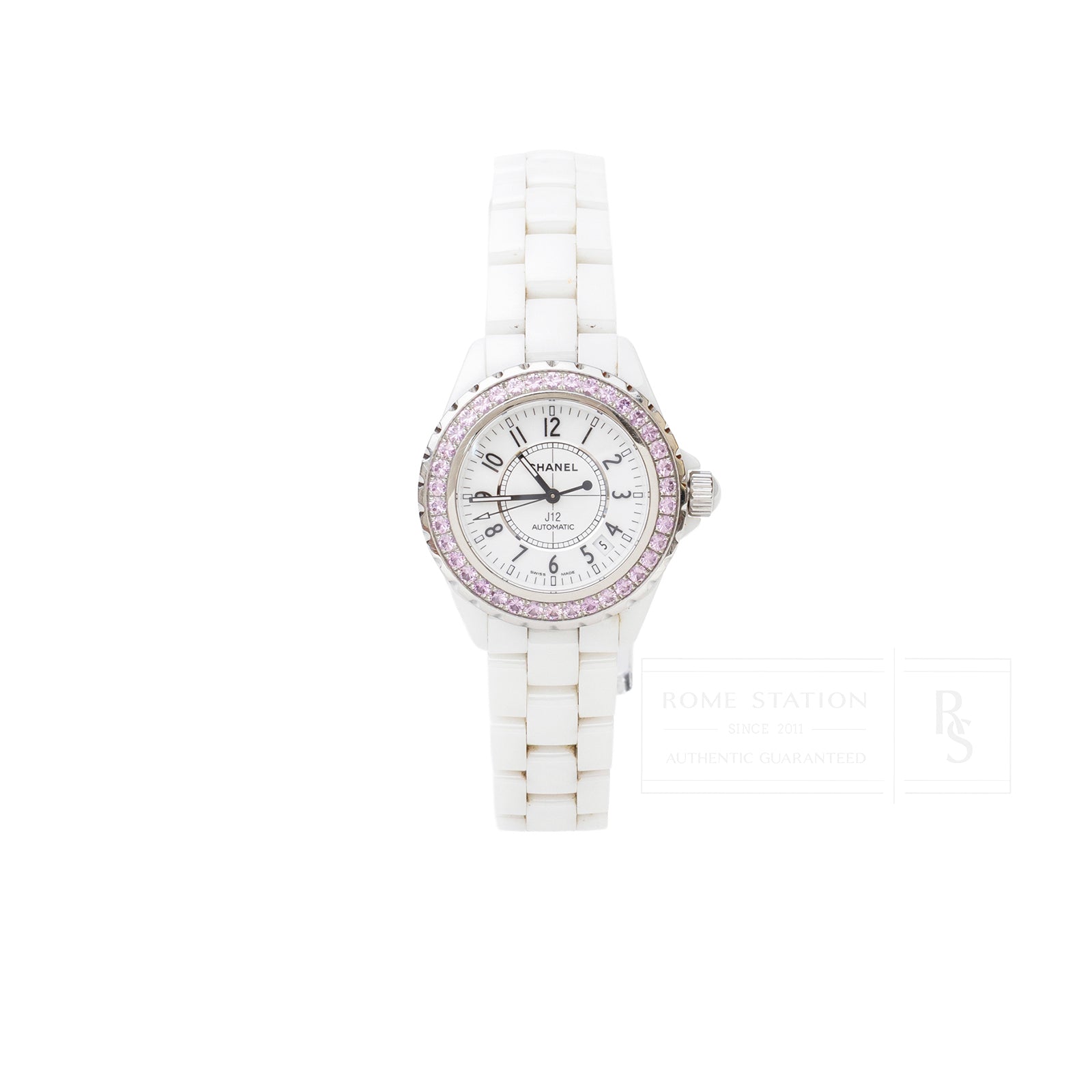 Front view of Chanel J12 38mm Ceramic White Pink Sapphire Automatic Watch with white ceramic bracelet