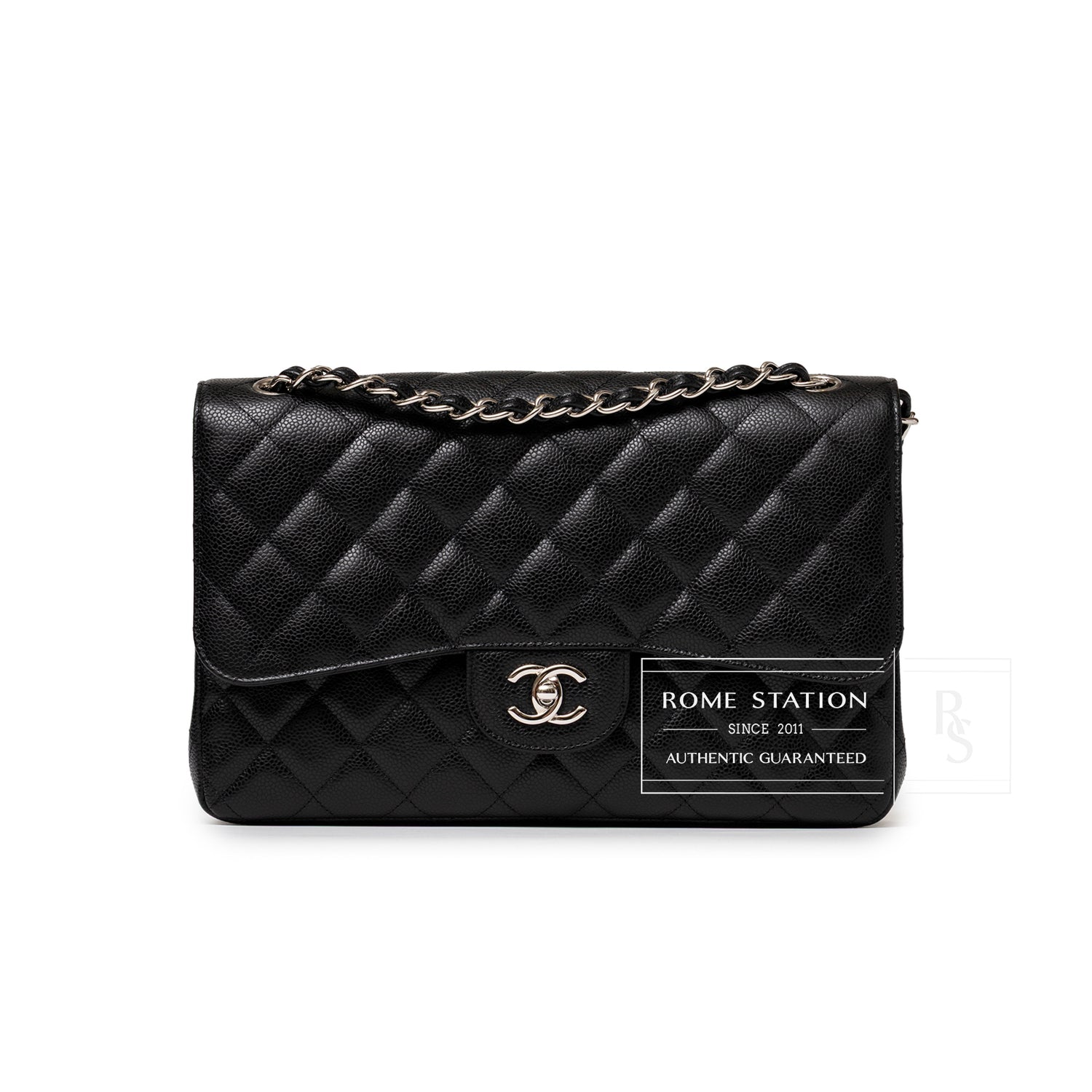 Front view of Chanel Jumbo Classic Double Flap Caviar Black Palladium Hardware with quilted leather and chain strap detail
