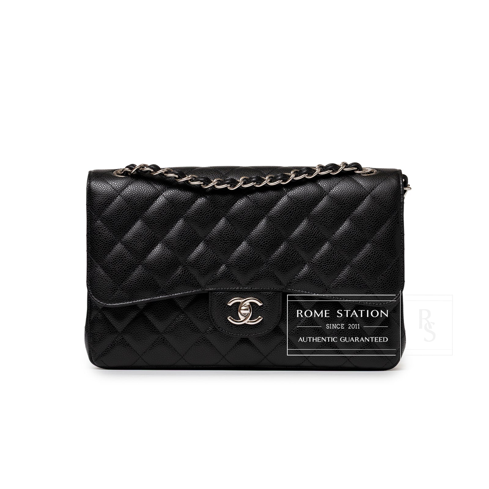 Front view of Chanel Jumbo Classic Double Flap Caviar Black Palladium Hardware with quilted leather and chain strap detail