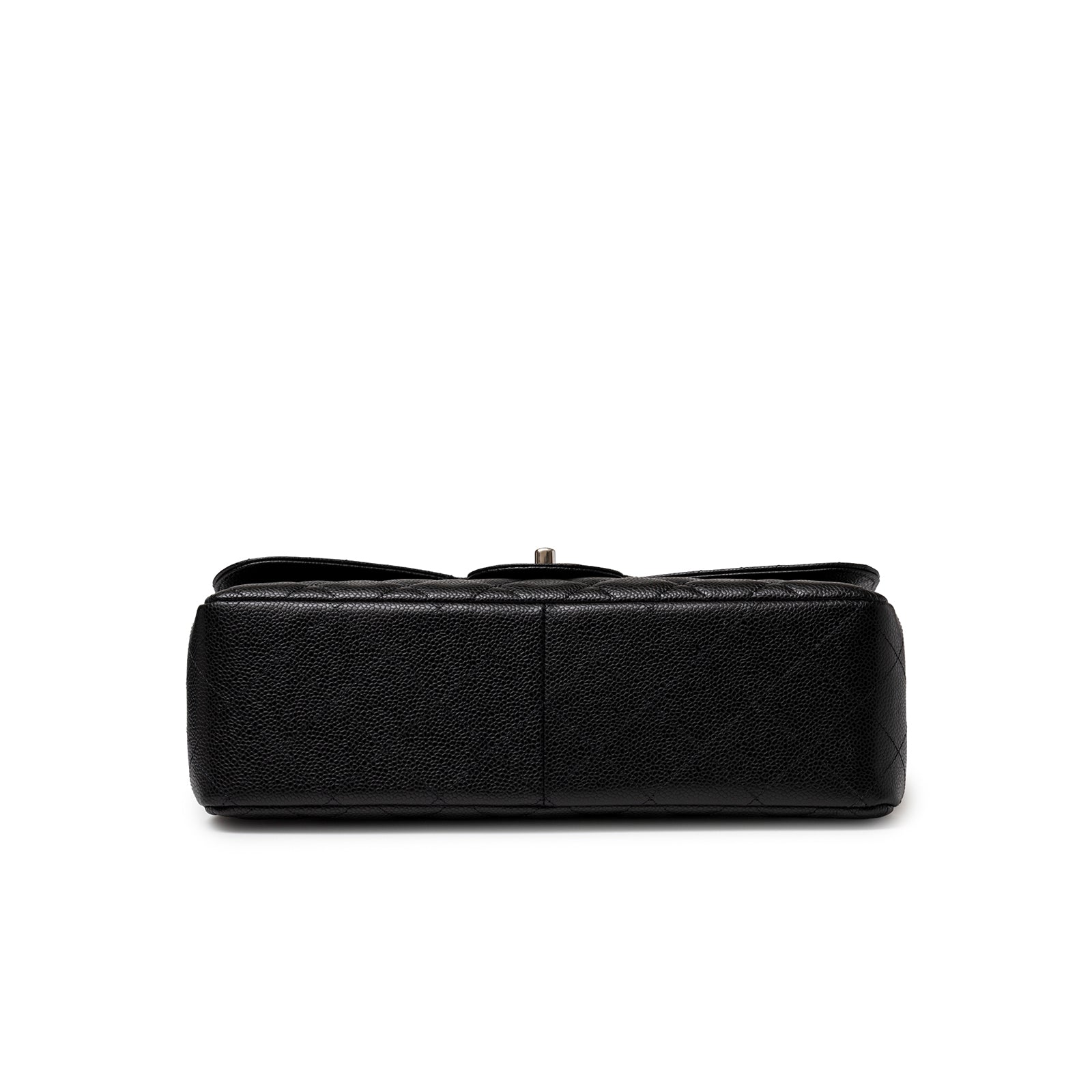 Bottom view of Chanel Jumbo Classic Double Flap Caviar Black Palladium Hardware showing textured leather base