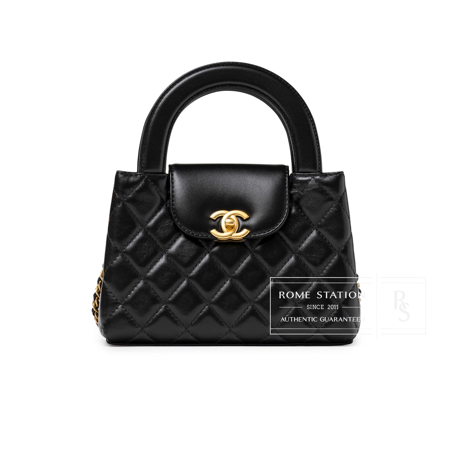 Front view of Chanel Kelly Shopper Small Black Shiny Aged Calfskin Brushed Gold Hardware with quilted pattern and logo clasp