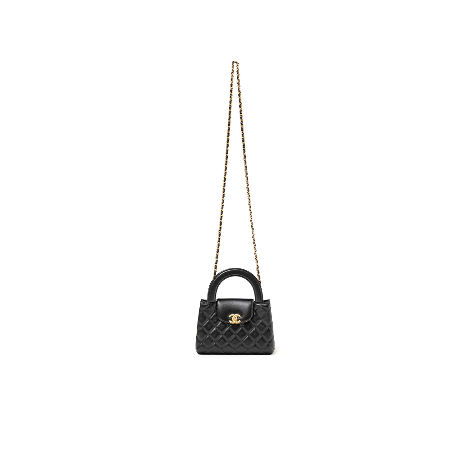 Front view of Chanel Kelly Shopper Small Black Shiny Aged Calfskin Brushed Gold Hardware with chain strap and quilted pattern