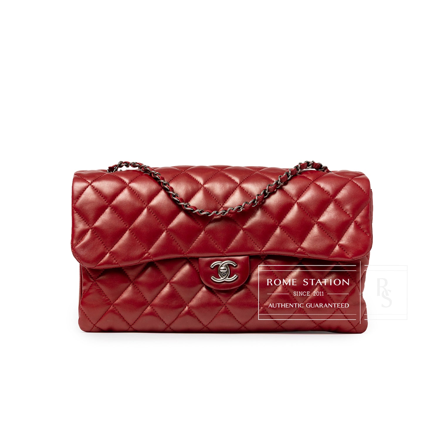 Front view of Chanel Maxi 3 Accordion Flap Bag Lambskin Red Palladium Hardware showing quilted leather and chain strap detail