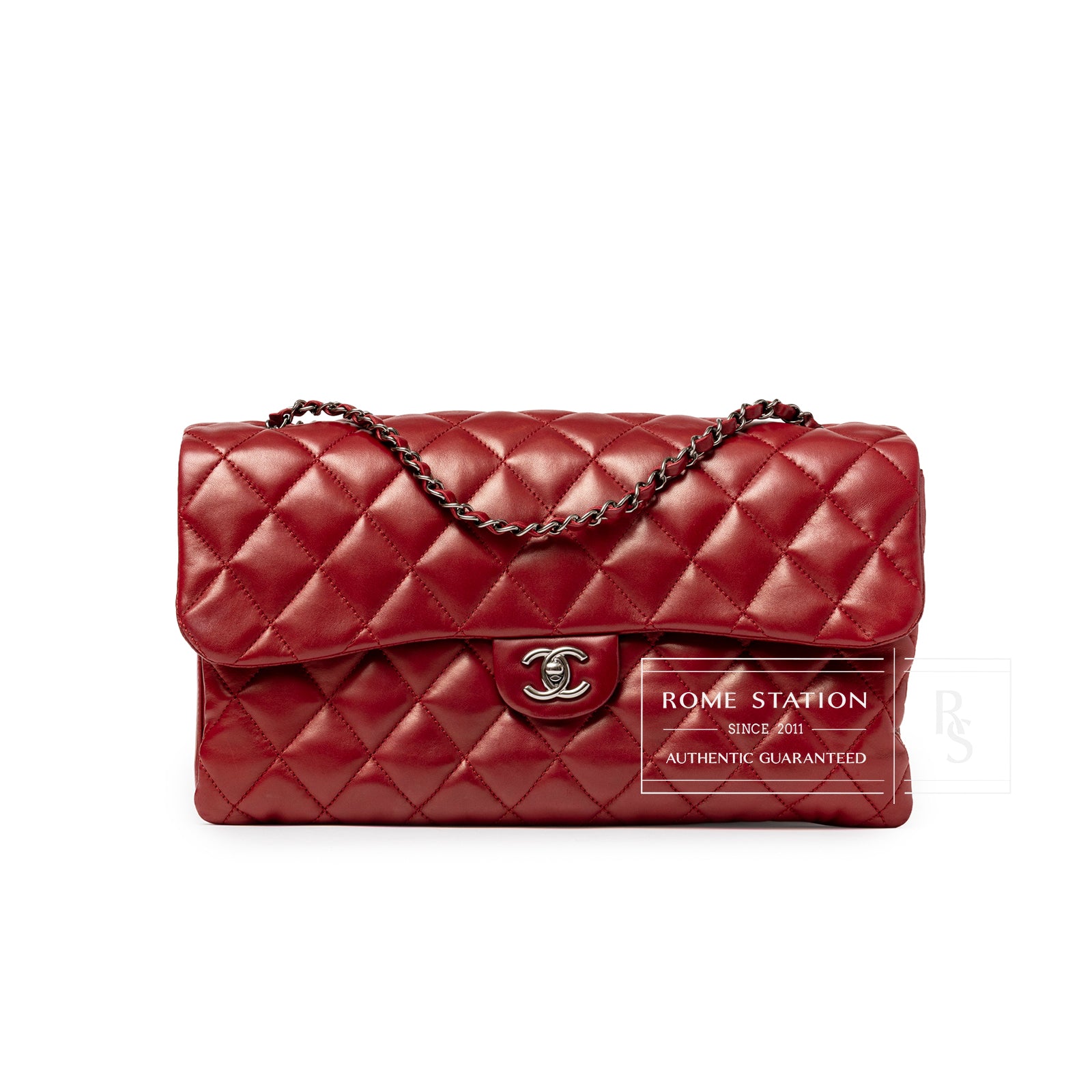 Front view of Chanel Maxi 3 Accordion Flap Bag Lambskin Red Palladium Hardware showing quilted leather and chain strap detail