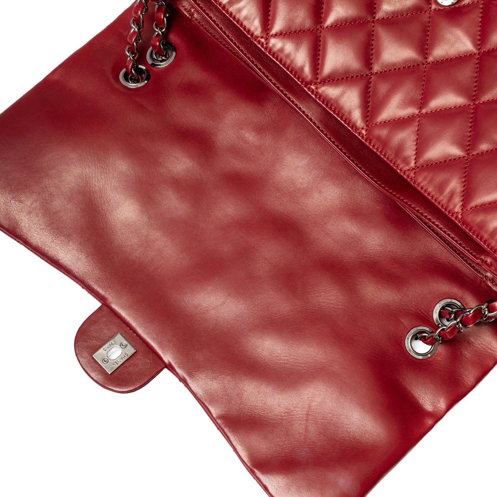 Open interior view of Chanel Maxi 3 Accordion Flap Bag Lambskin Red Palladium Hardware showing smooth leather lining and chain detail