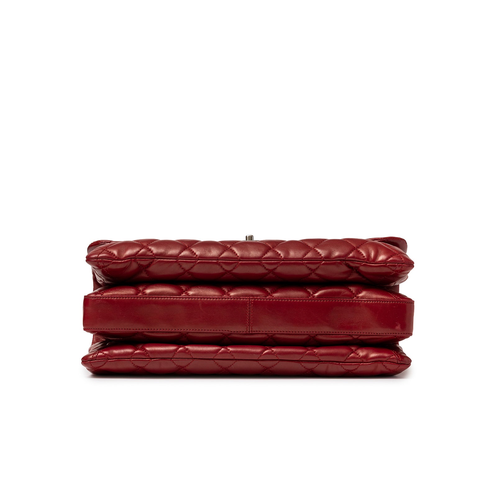 Bottom view of Chanel Maxi 3 Accordion Flap Bag Lambskin Red Palladium Hardware showing layered leather sections