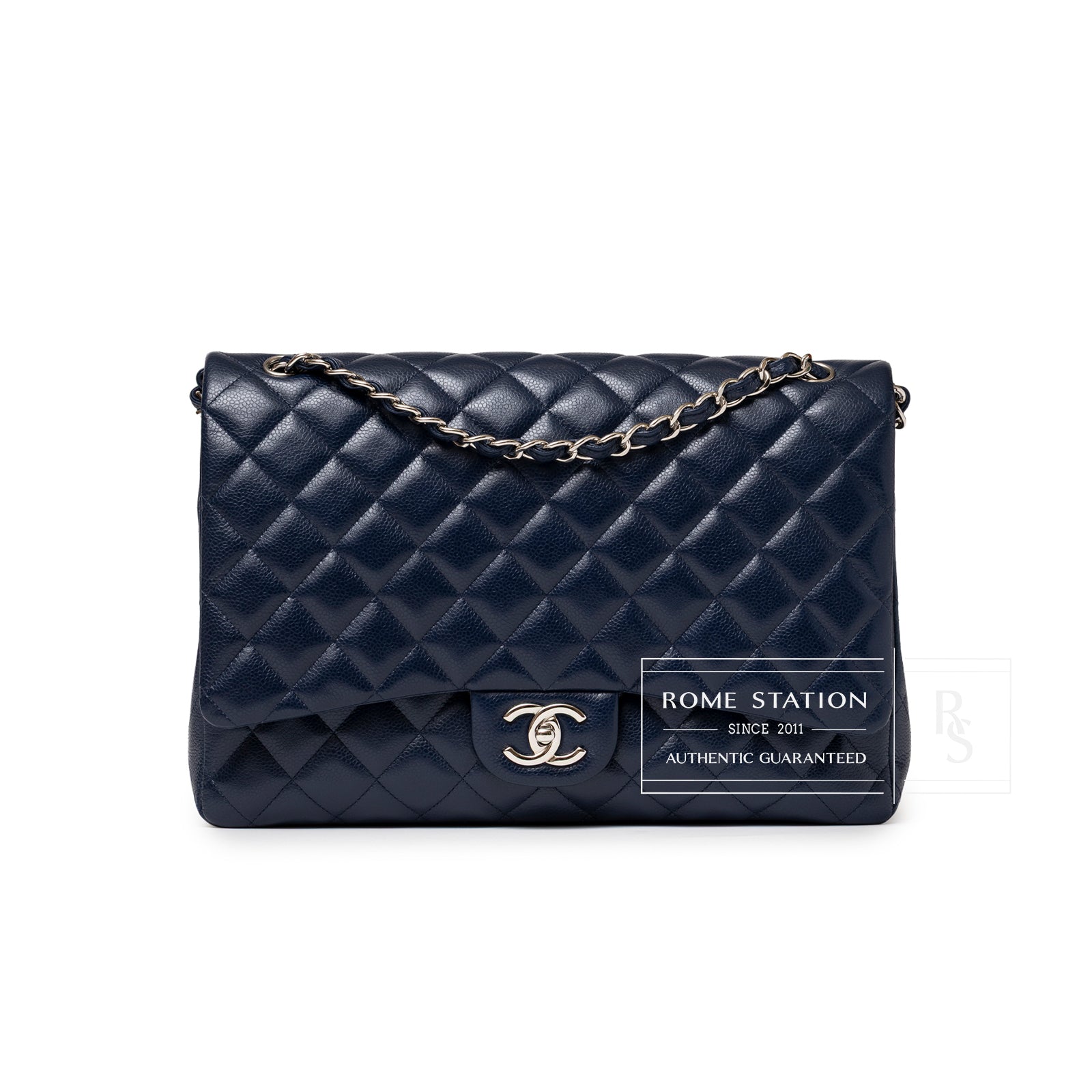 Front view of Chanel Maxi Classic Double Flap Caviar Navy Palladium Hardware showing quilted leather and chain strap details