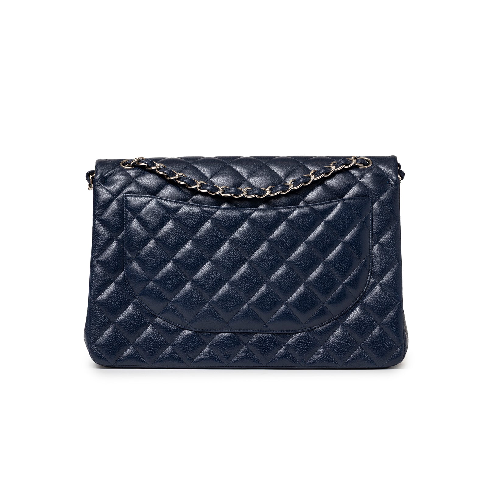Back of Chanel Maxi Classic Double Flap Caviar Navy Palladium Hardware showing quilted leather pocket and chain strap