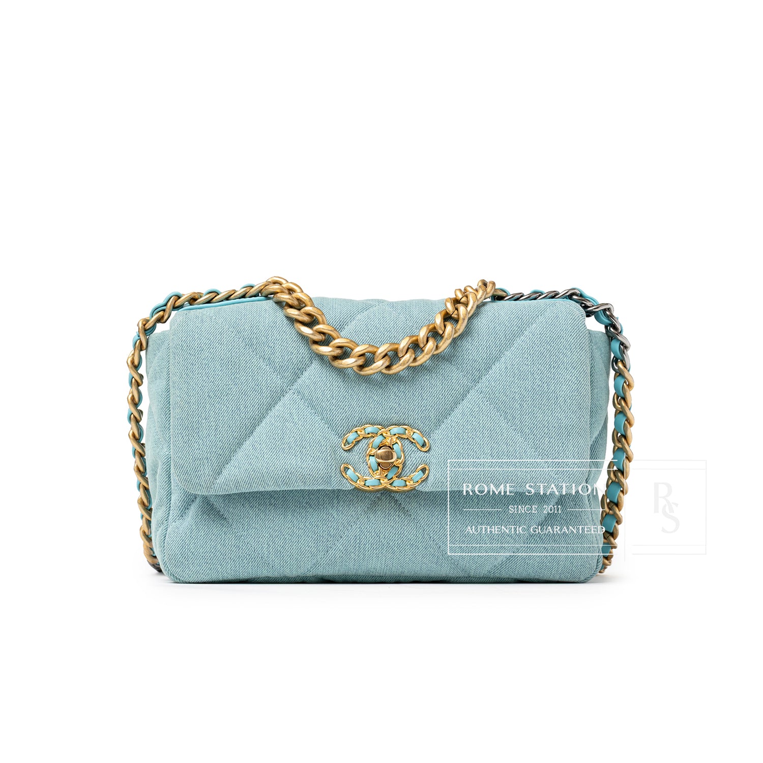 Front view of Chanel Medium 19 Flap Light Blue Denim Mixed Metal Hardware quilted bag with chain strap
