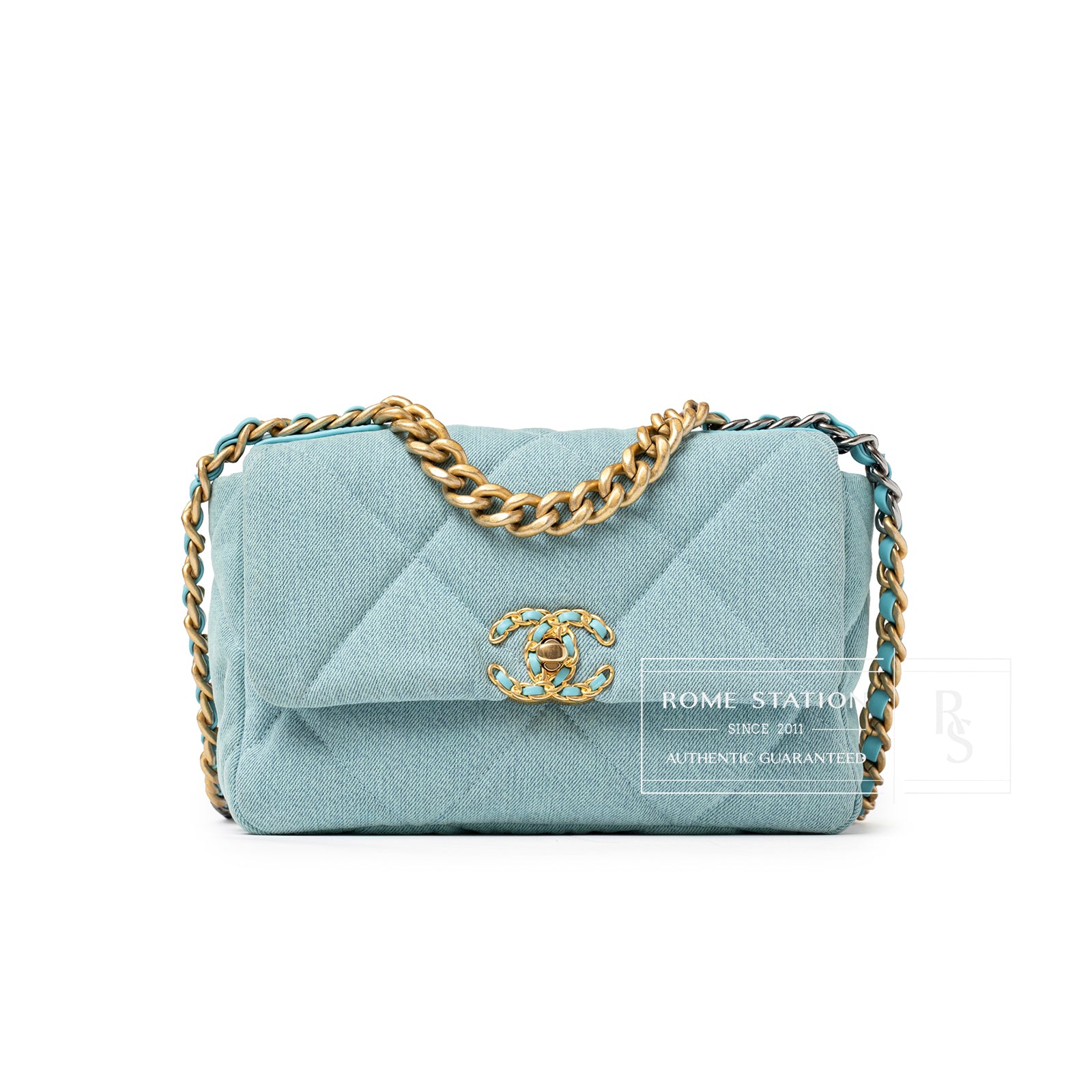Front view of Chanel Medium 19 Flap Light Blue Denim Mixed Metal Hardware quilted bag with chain strap