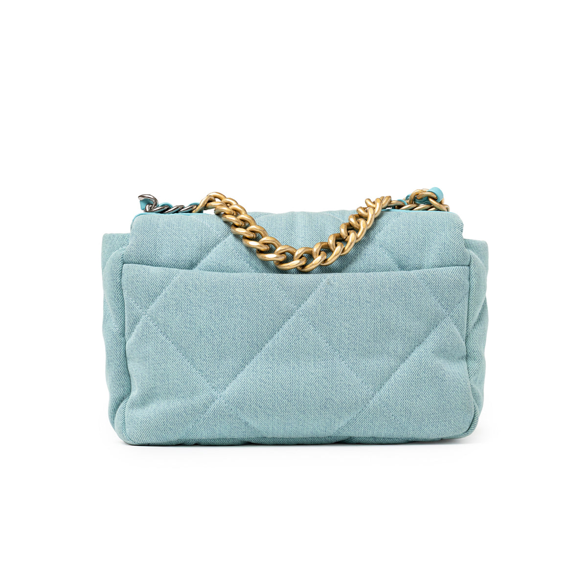 Chanel Medium 19 Flap Light Blue Denim Mixed Metal Hardware back view with quilted denim and chain strap