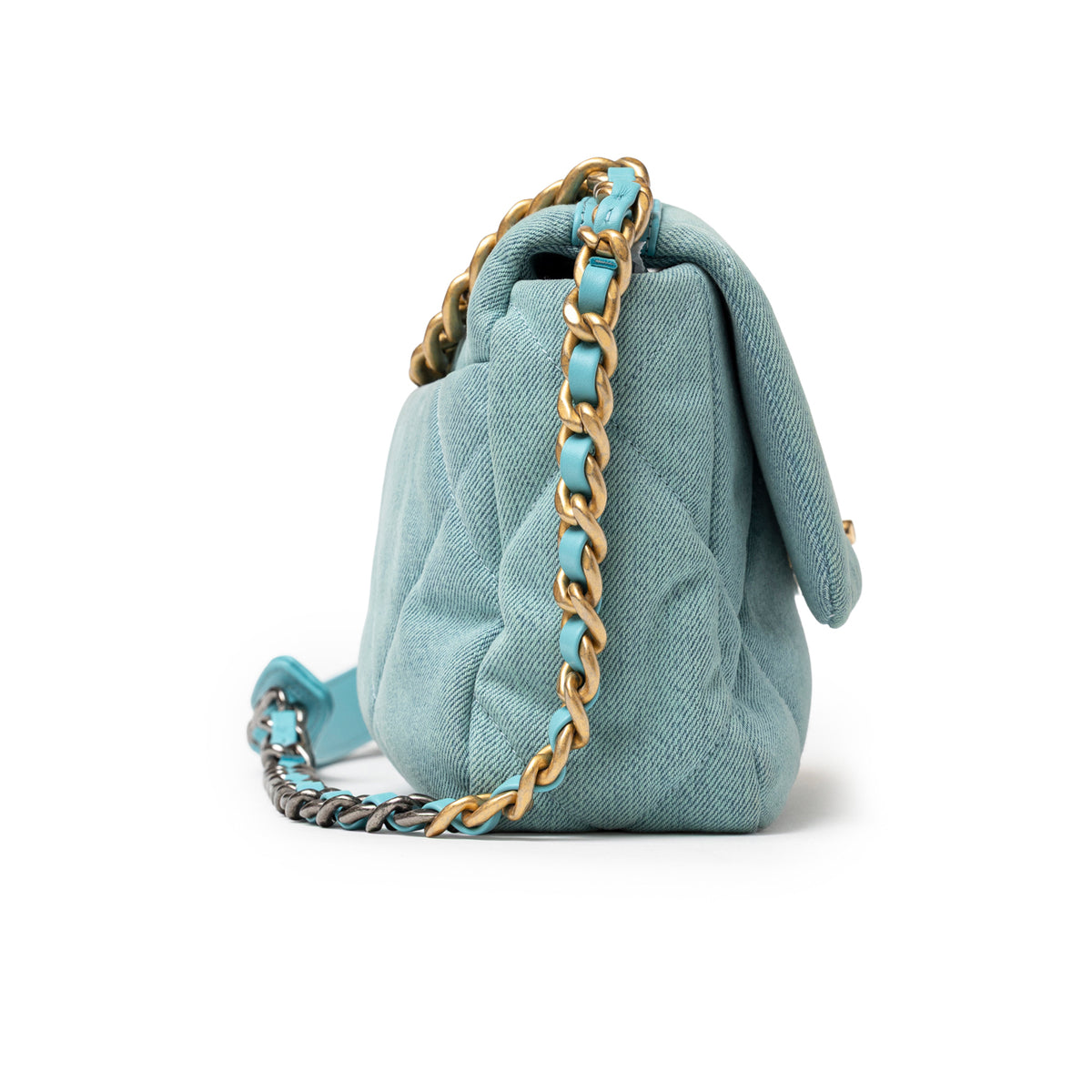 Side view of Chanel Medium 19 Flap Light Blue Denim Mixed Metal Hardware with chain strap