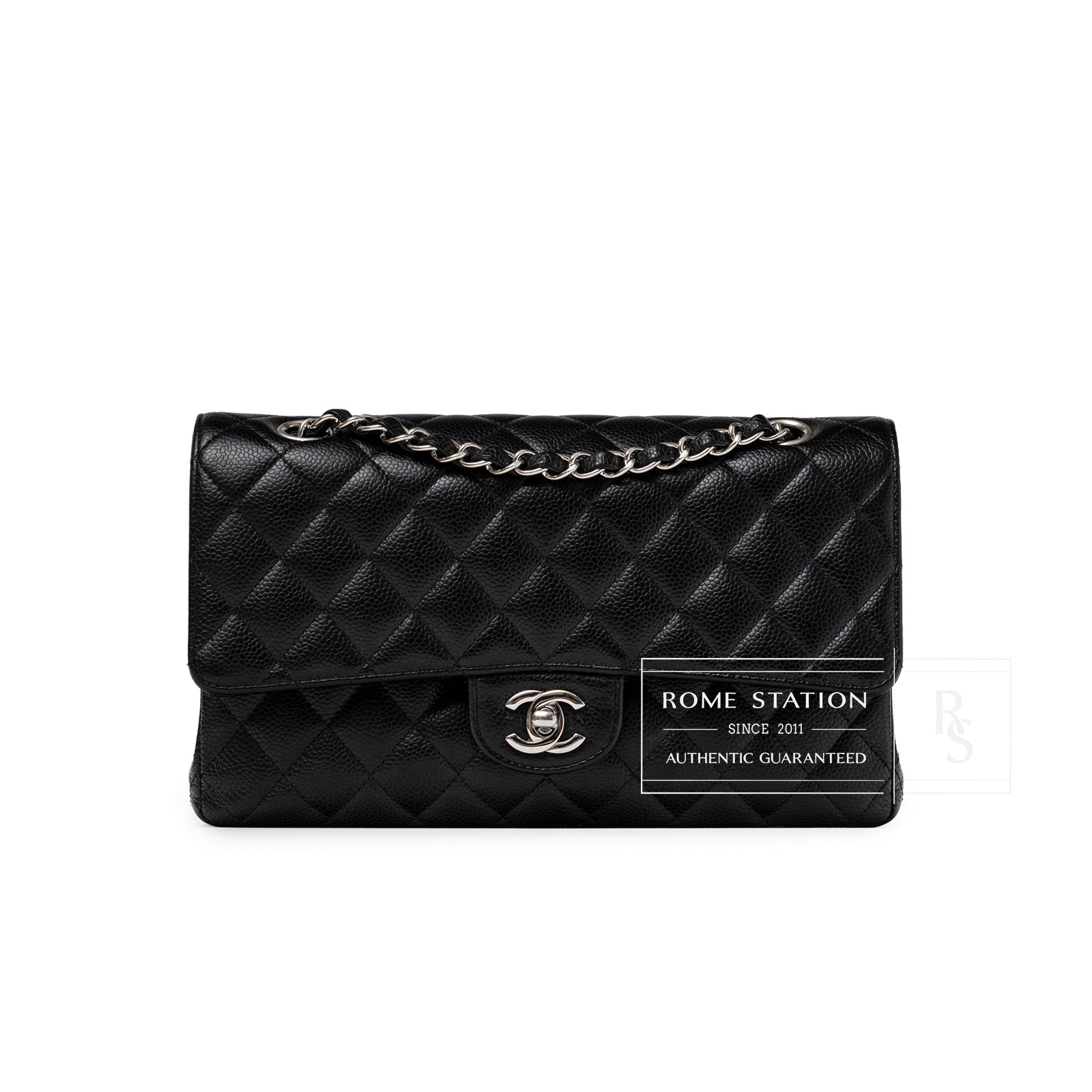 Front view of Chanel Medium Classic Flap Bag Black Caviar Palladium Hardware showing quilted leather and logo clasp