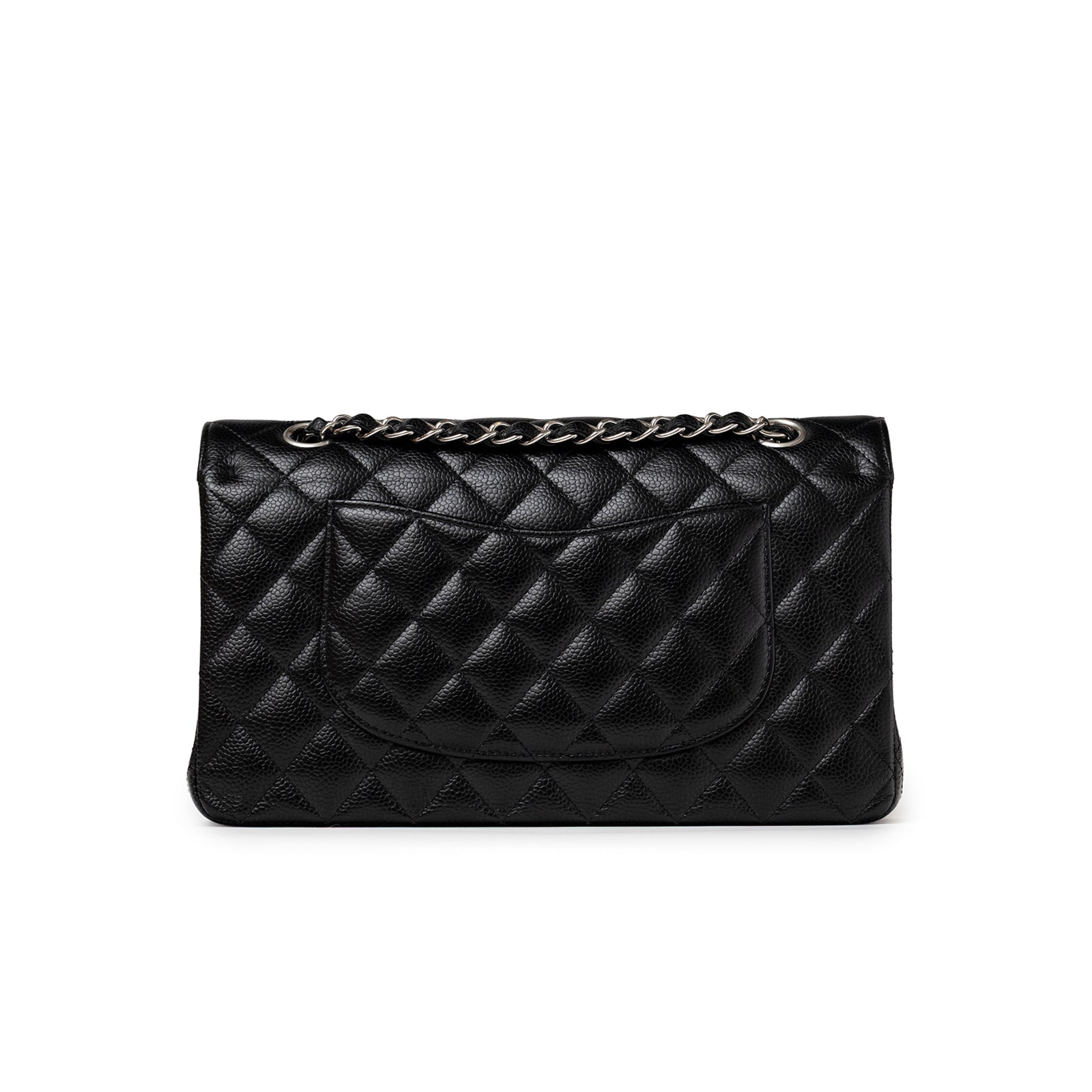Back view of Chanel Medium Classic Flap Bag Black Caviar Palladium Hardware showing textured leather pocket and chain strap detail