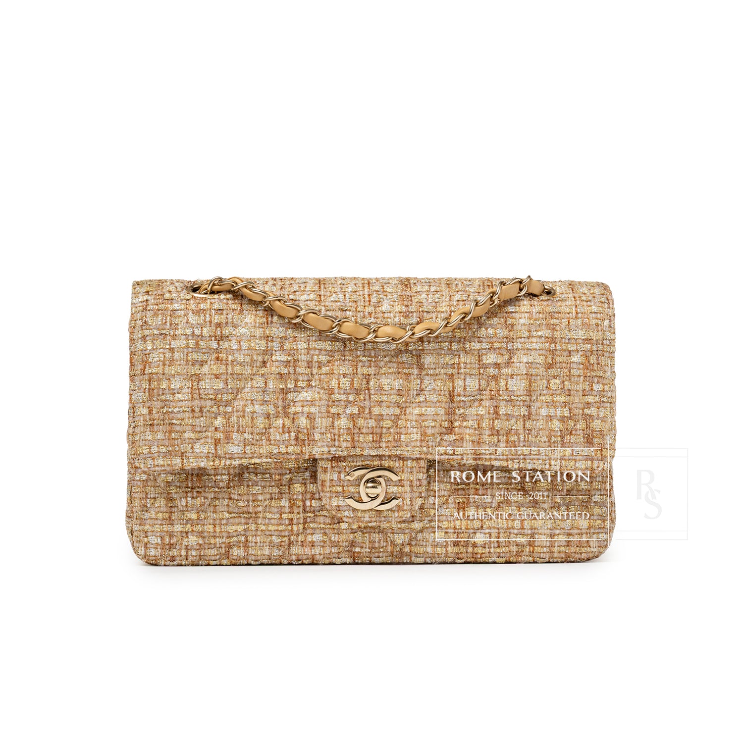 Front view of Chanel Classic Double Flap Medium Gold Beige Tweed Gold Hardware with signature clasp and chain strap