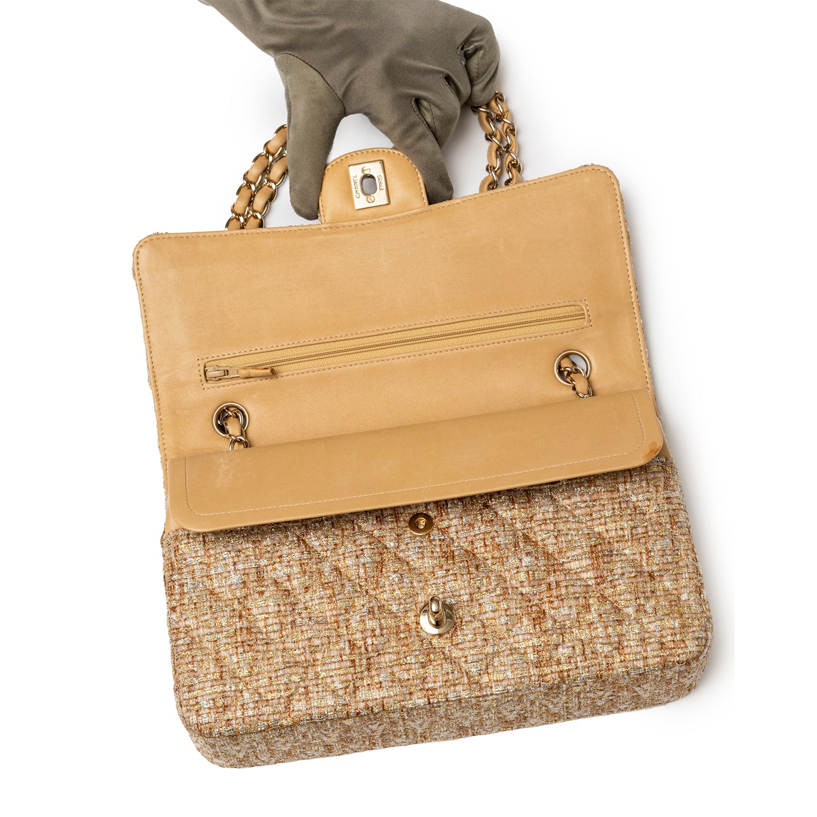 Open view of Chanel Classic Double Flap Medium Gold Beige Tweed Gold Hardware showing interior leather lining and chain detail